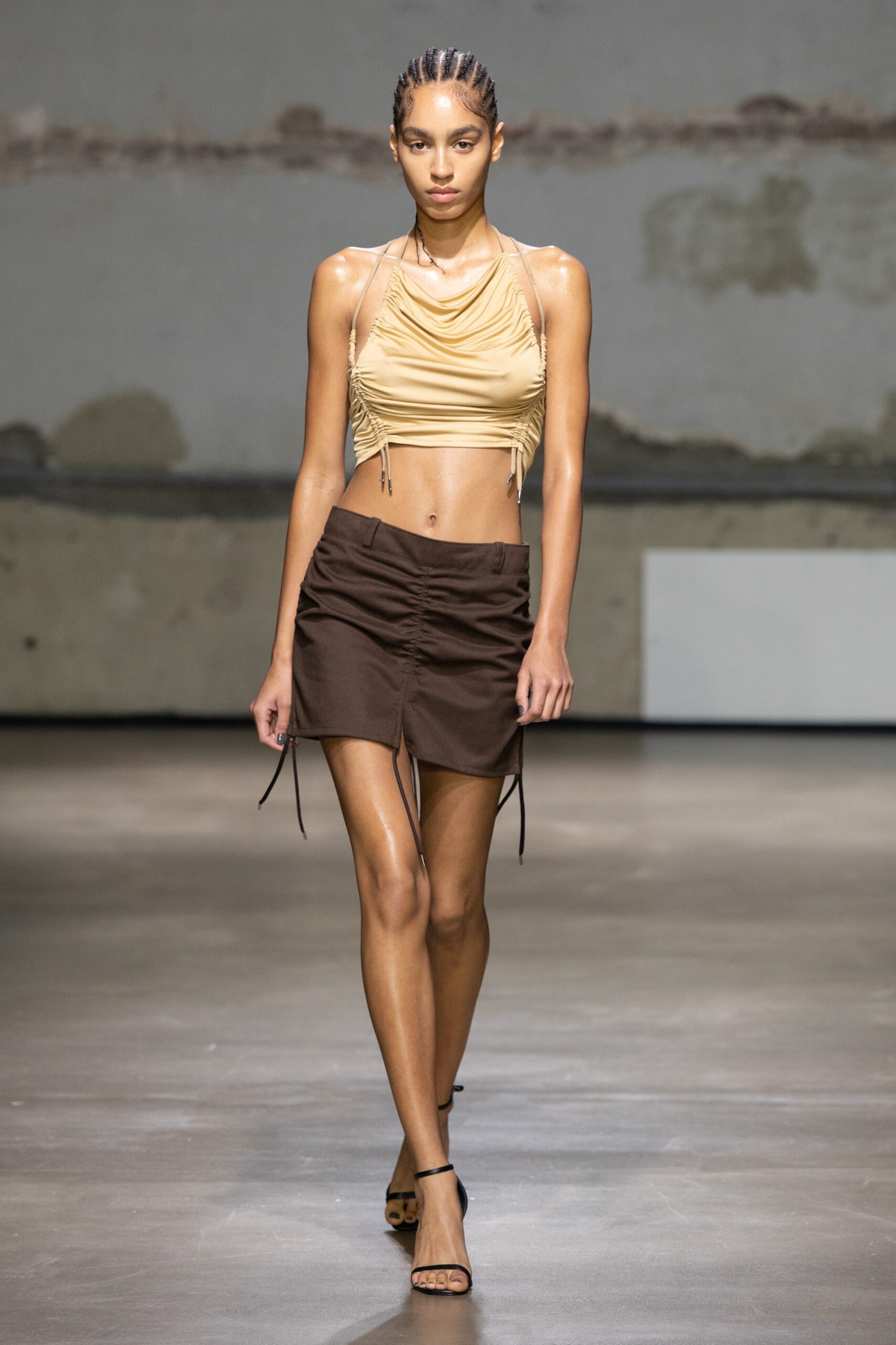 beige silk sleeveless v-neck fitted ruched shiny top