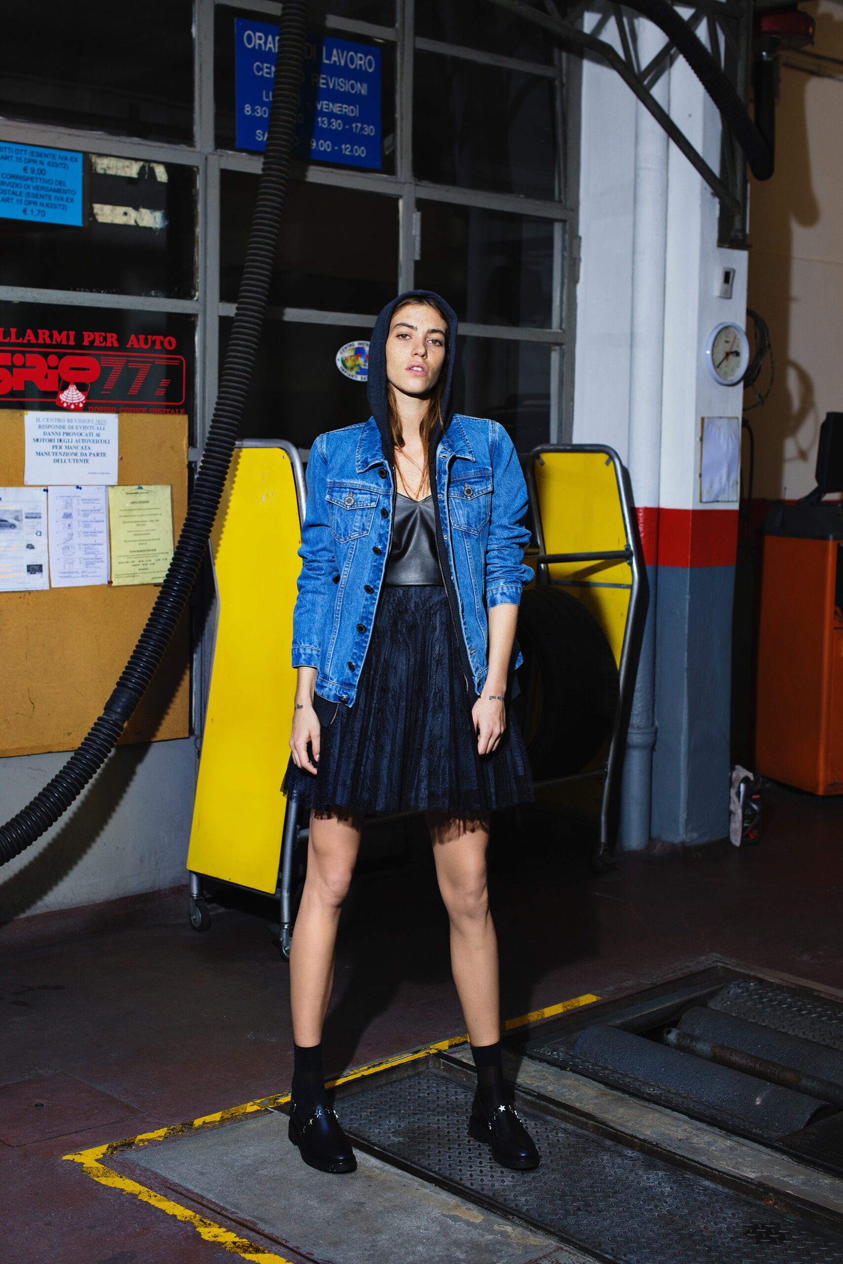 blue denim jacket black silk top