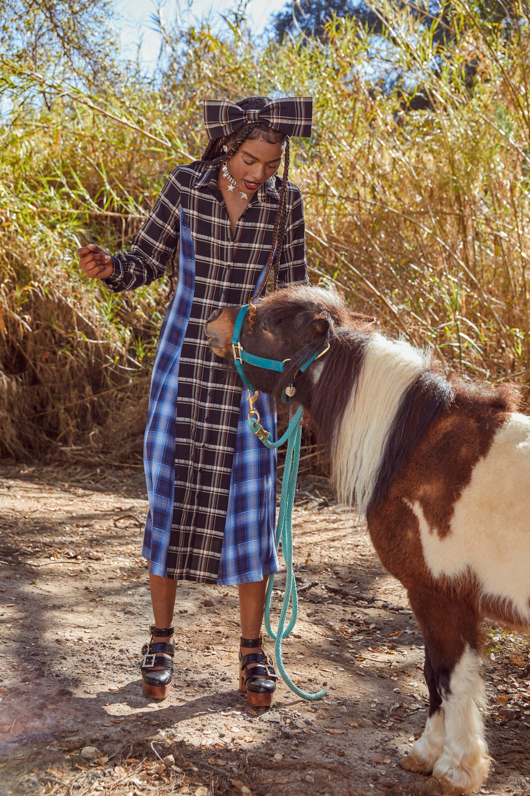 black and blue checked midi dress