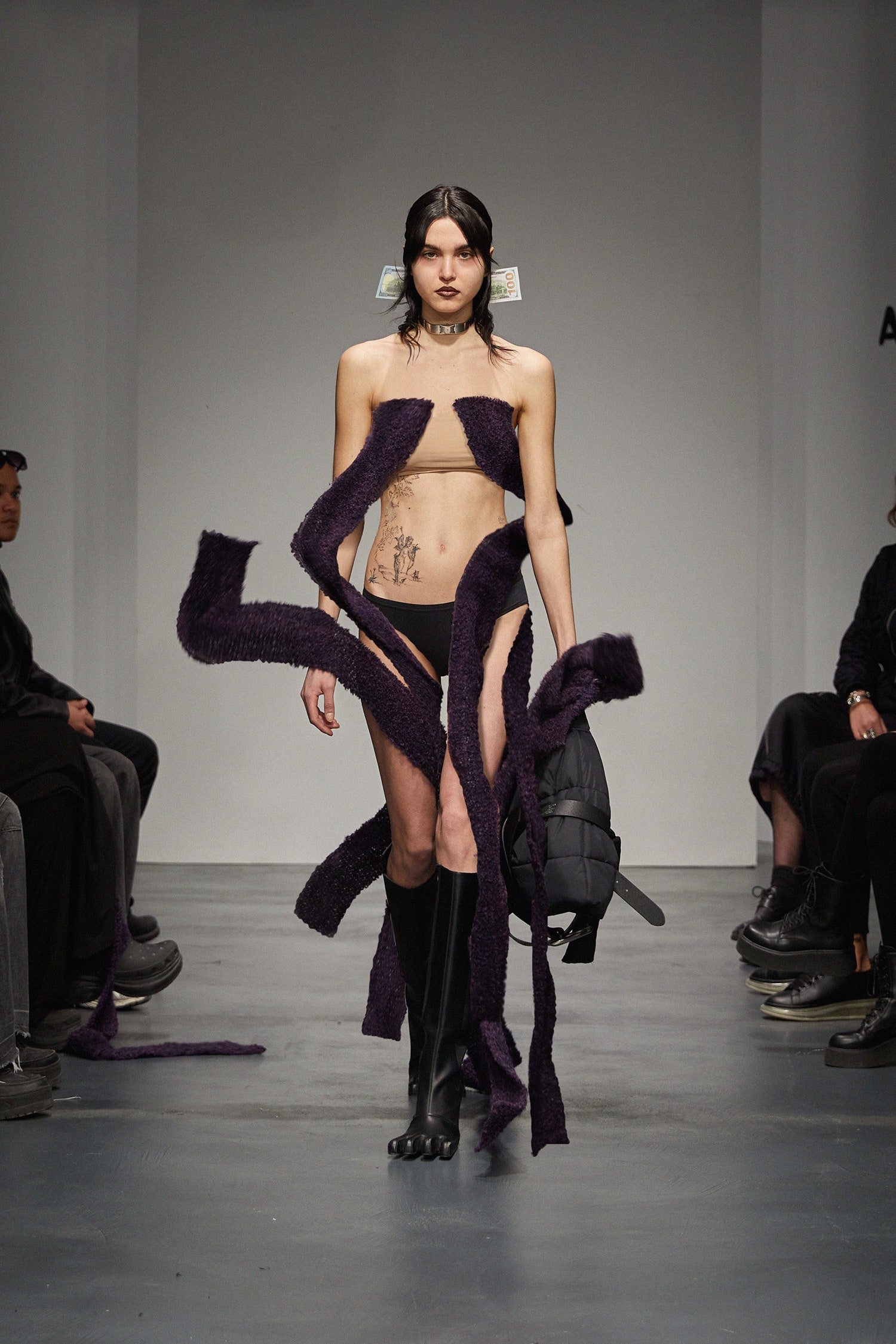 black bikini with purple coat