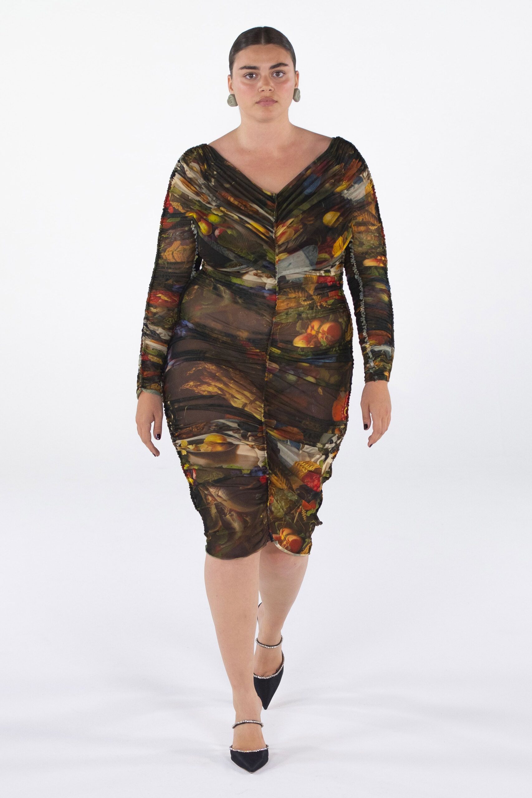 multi-colored sheer ruched dress
