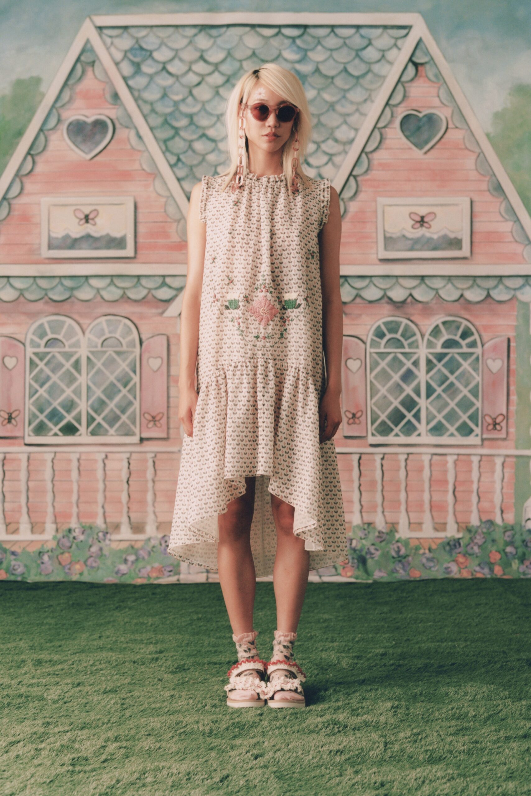 relaxed white and pink embroidered dress