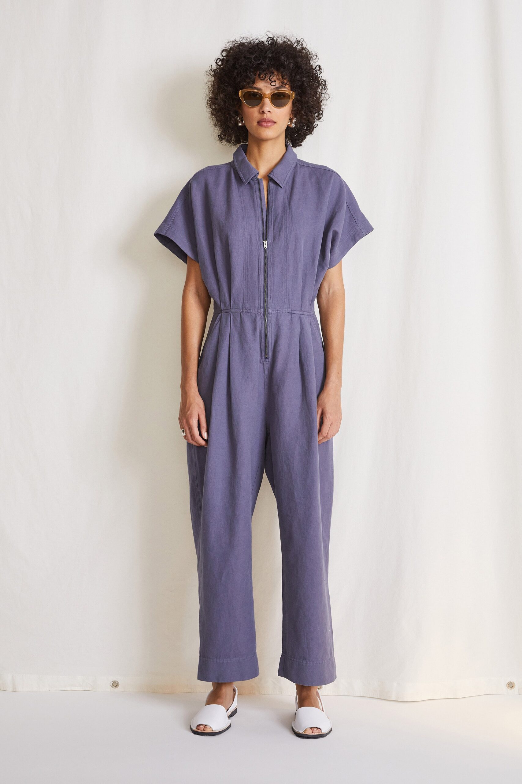 purple cotton short-sleeve collared relaxed zippered straight-leg jumpsuit
