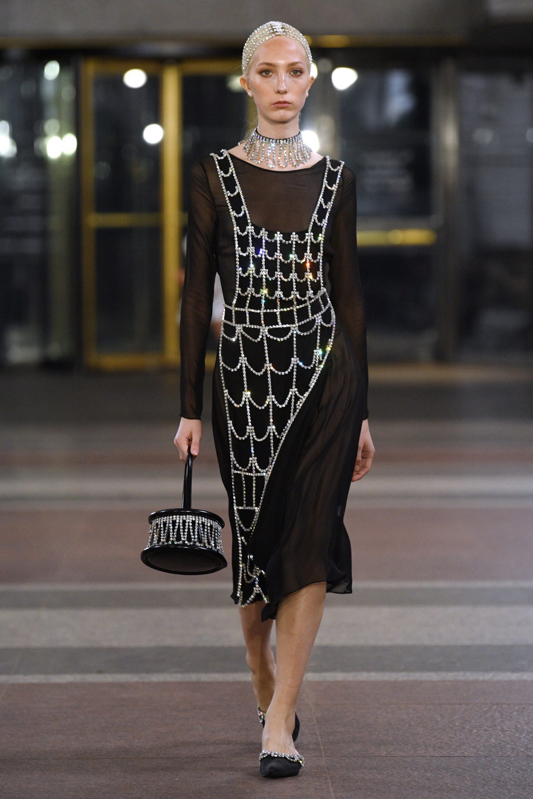 black sheer embellished dress with bag