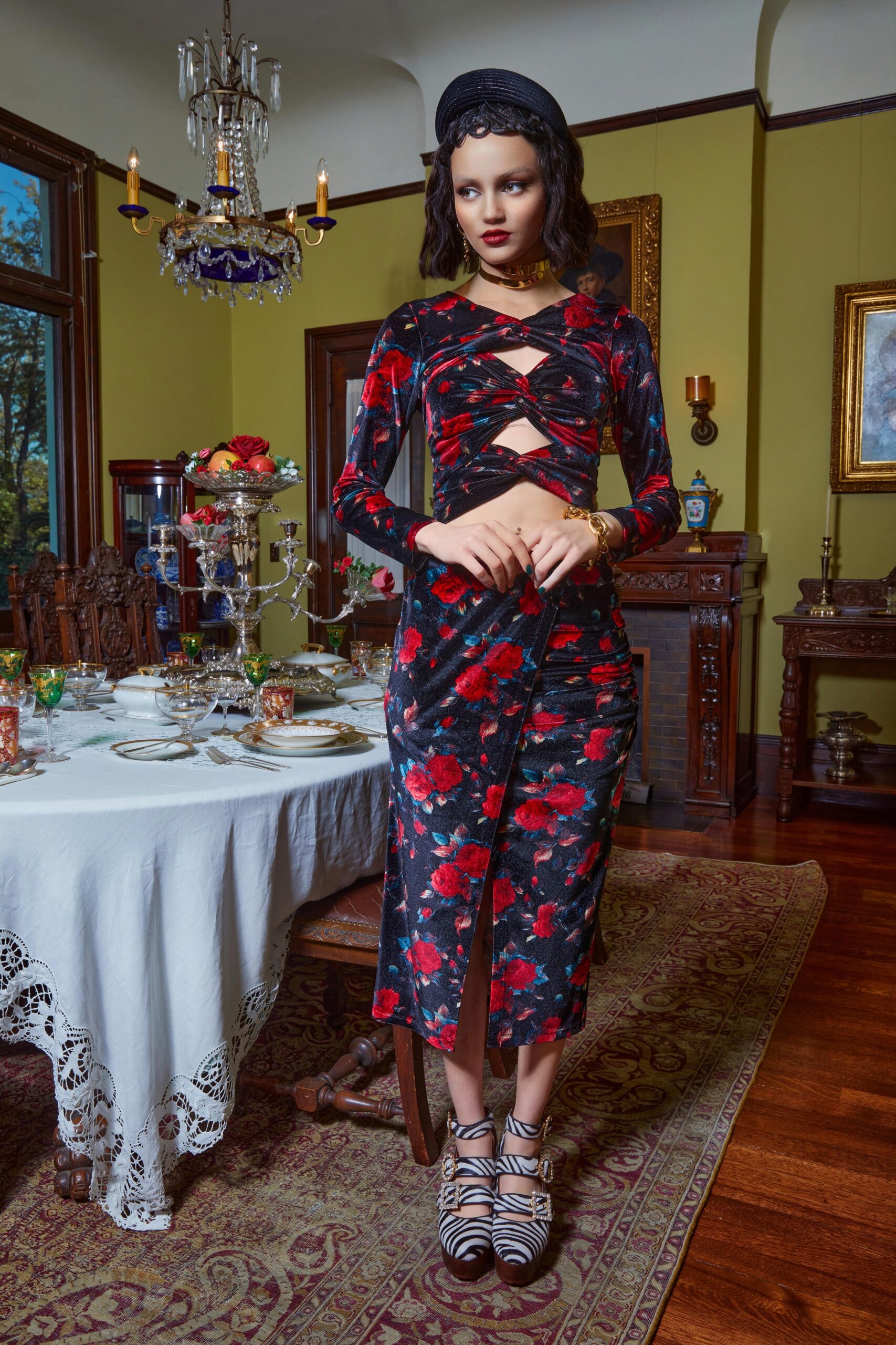 black floral fitted midi dress