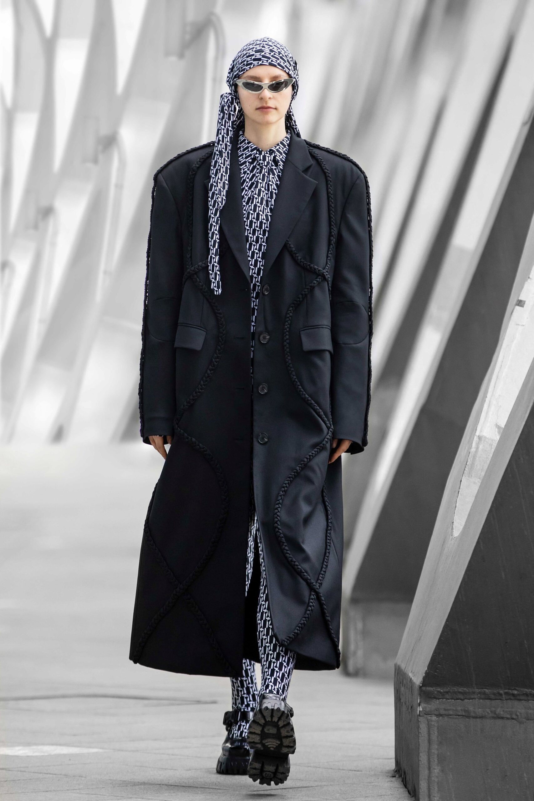 black silk coat with printed jumpsuit