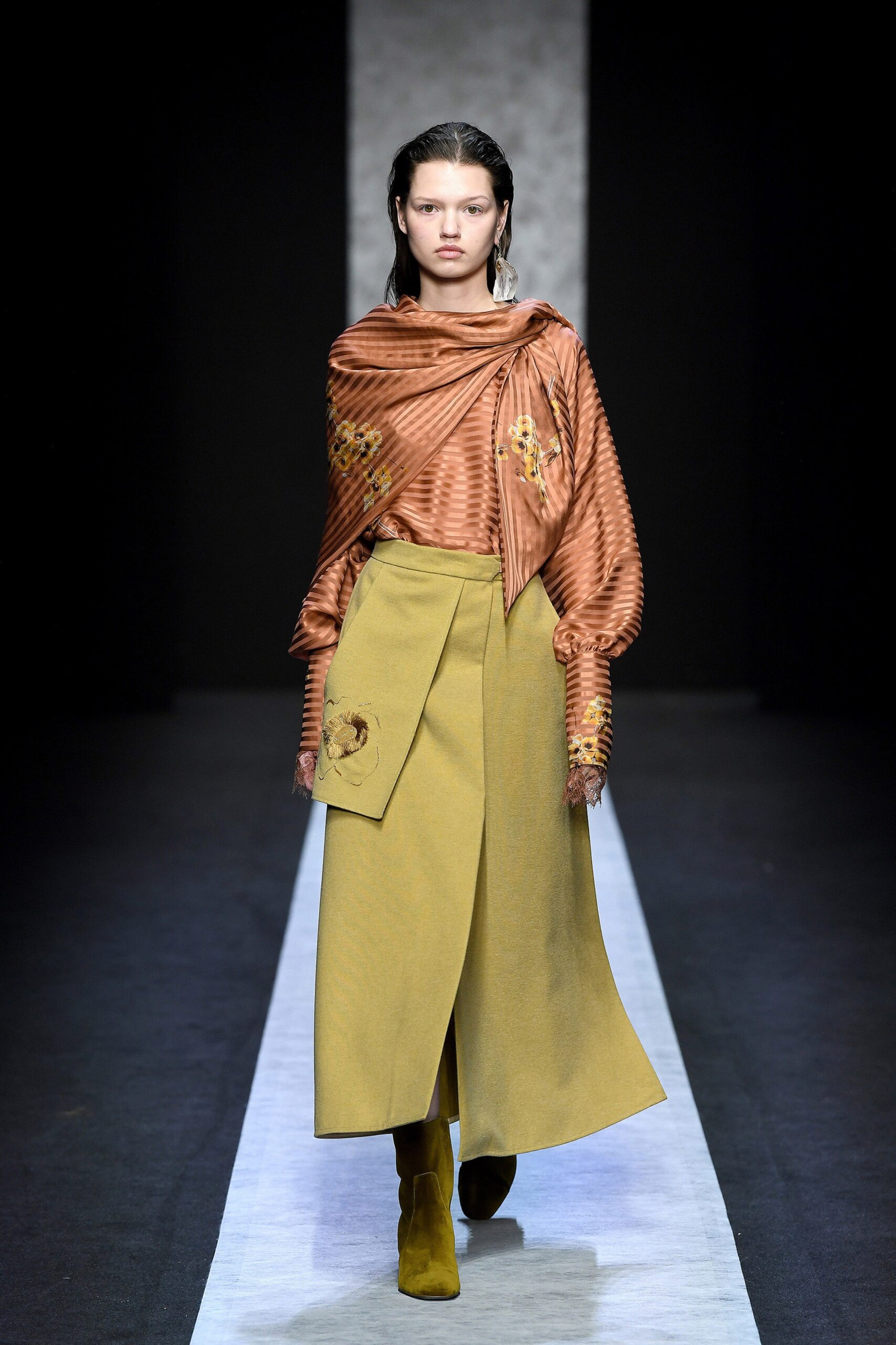 brown silk ruffled blouse and green skirt