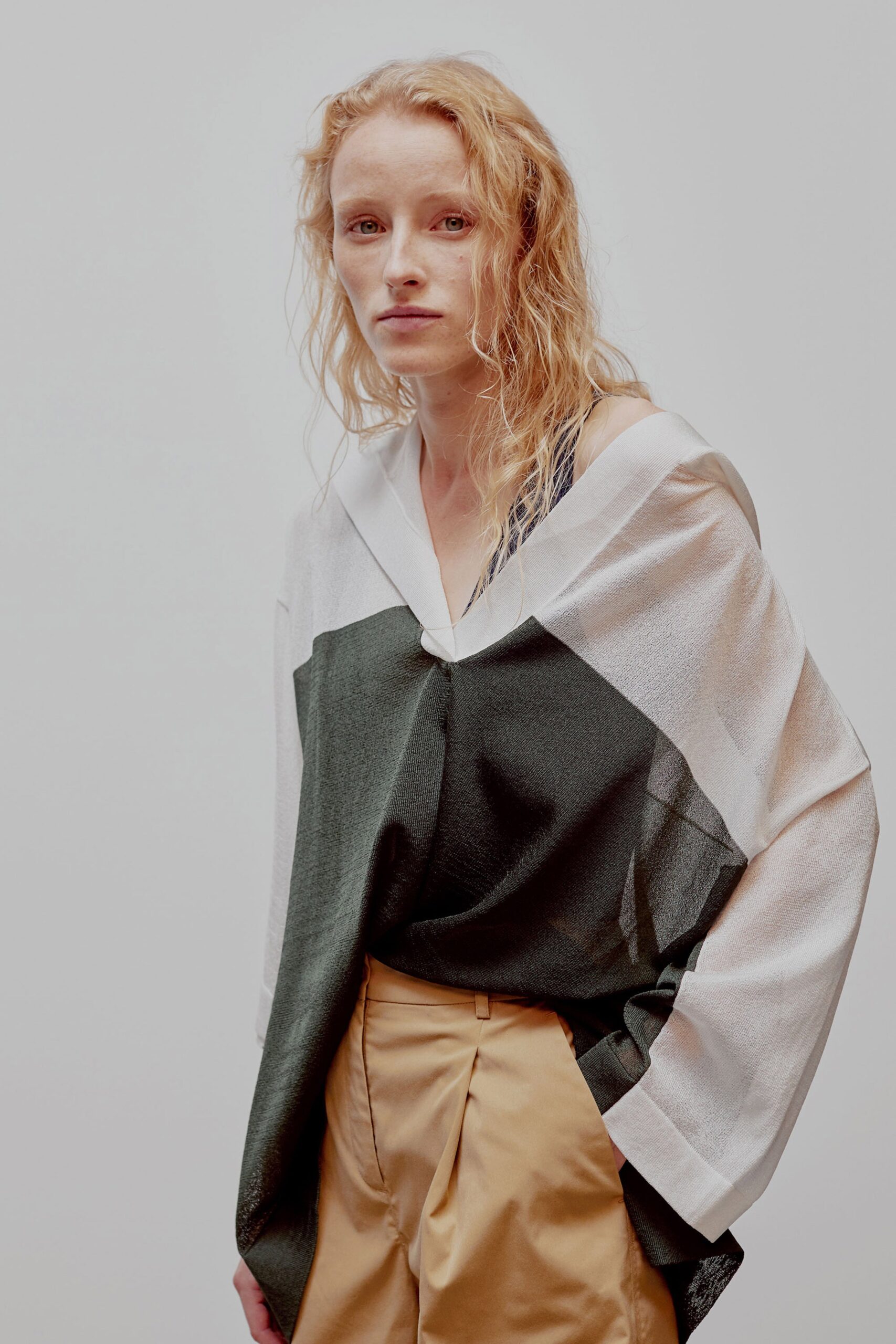 color-blocked silk top and tailored pants