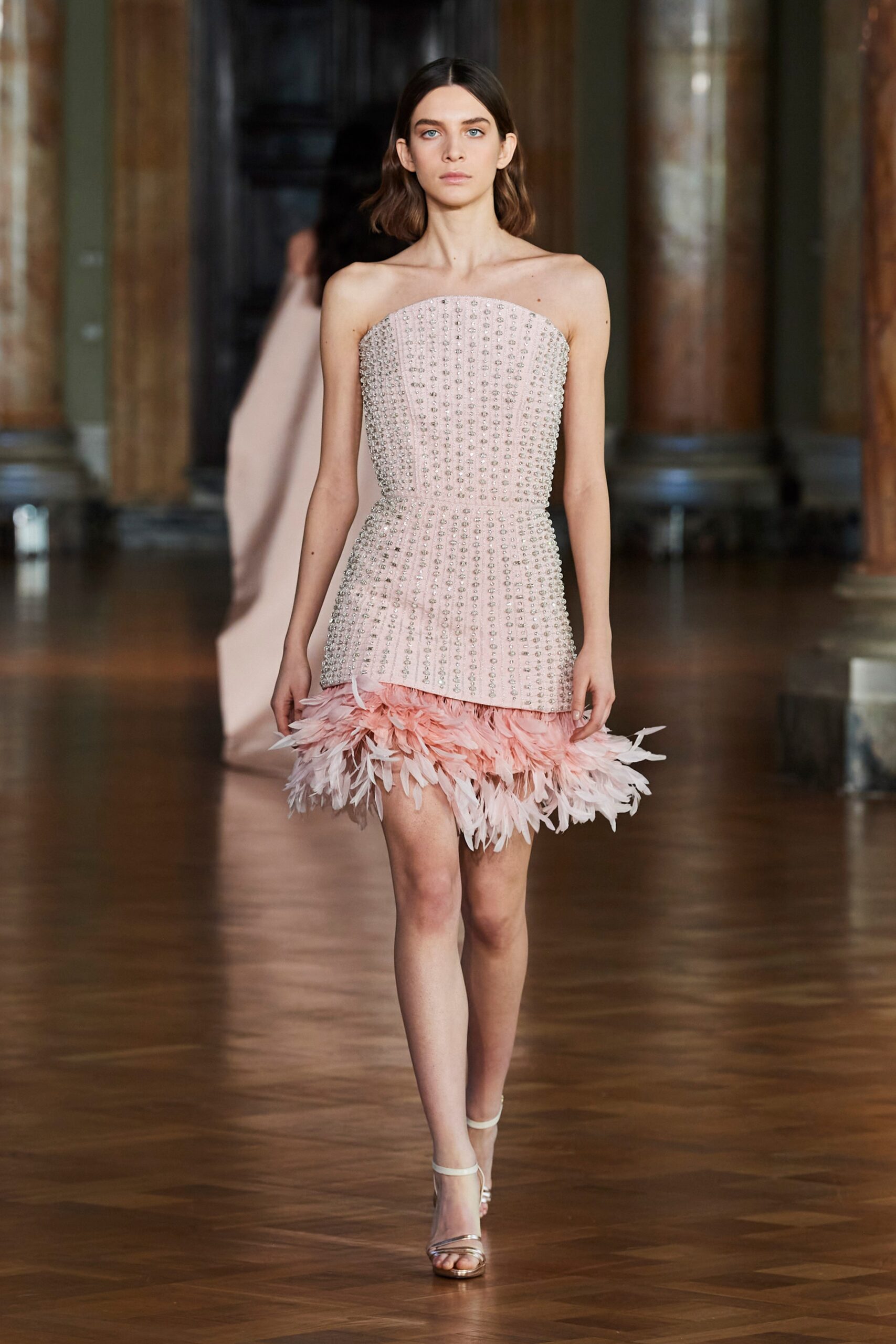 pink beaded strapless mini dress