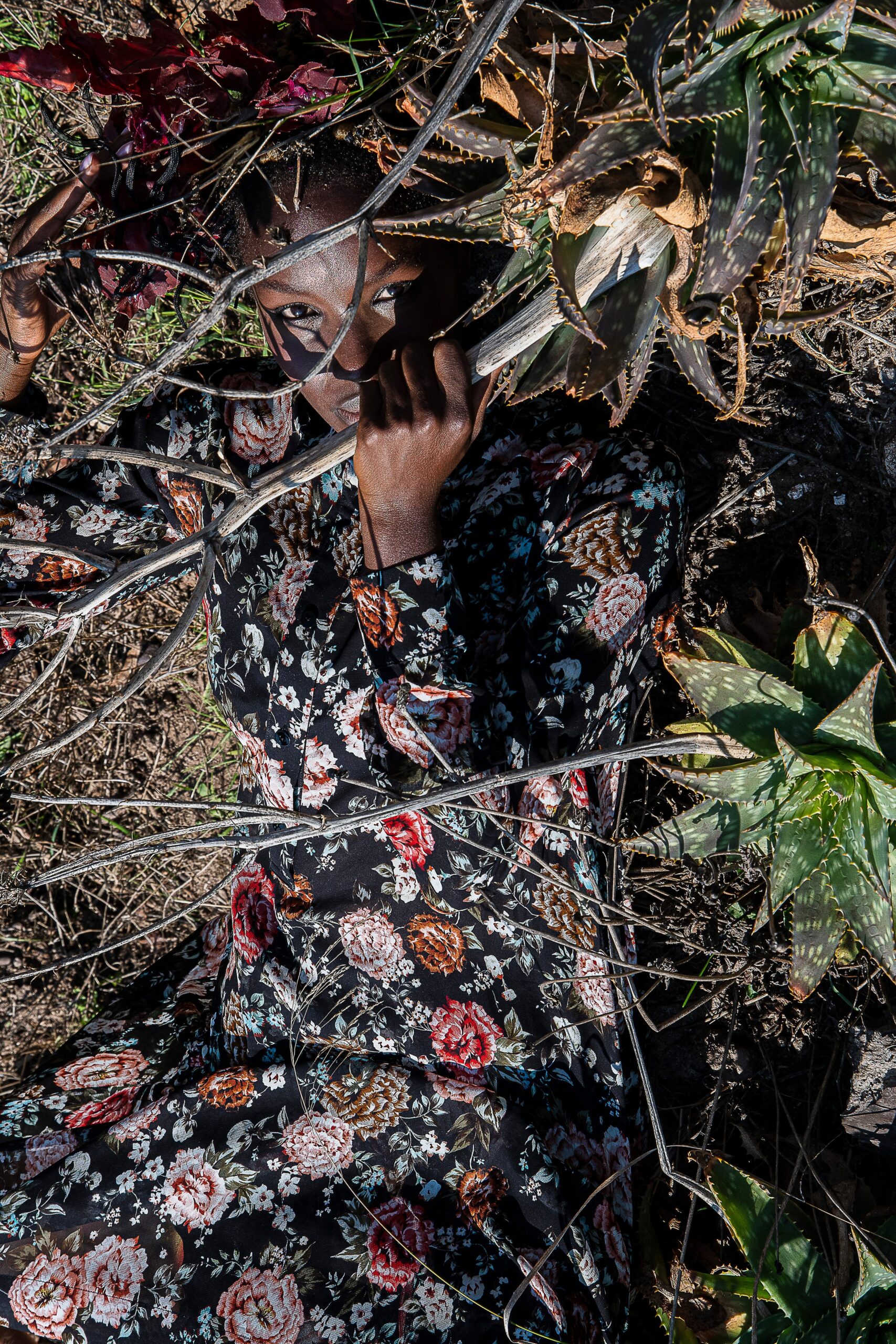 black floral long-sleeve dress