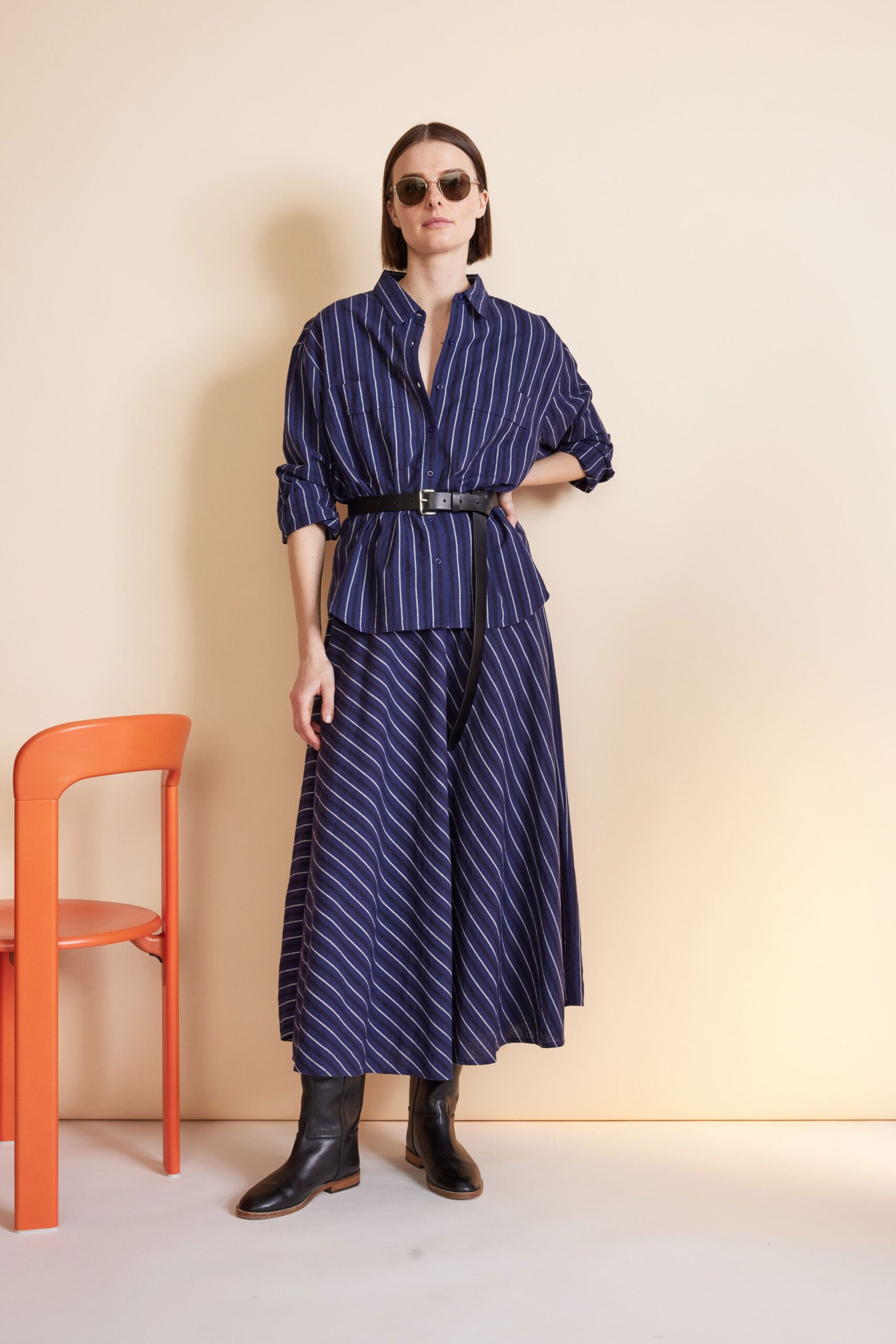 blue and white striped shirt with midi skirt