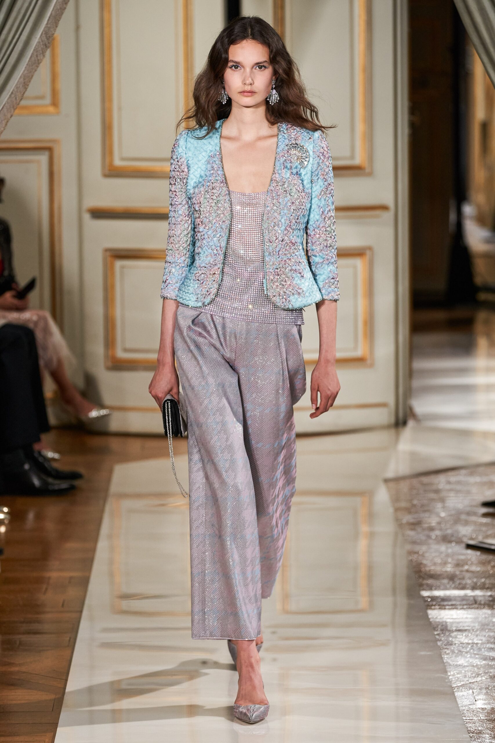 fitted blue pink silk jacket with silver top