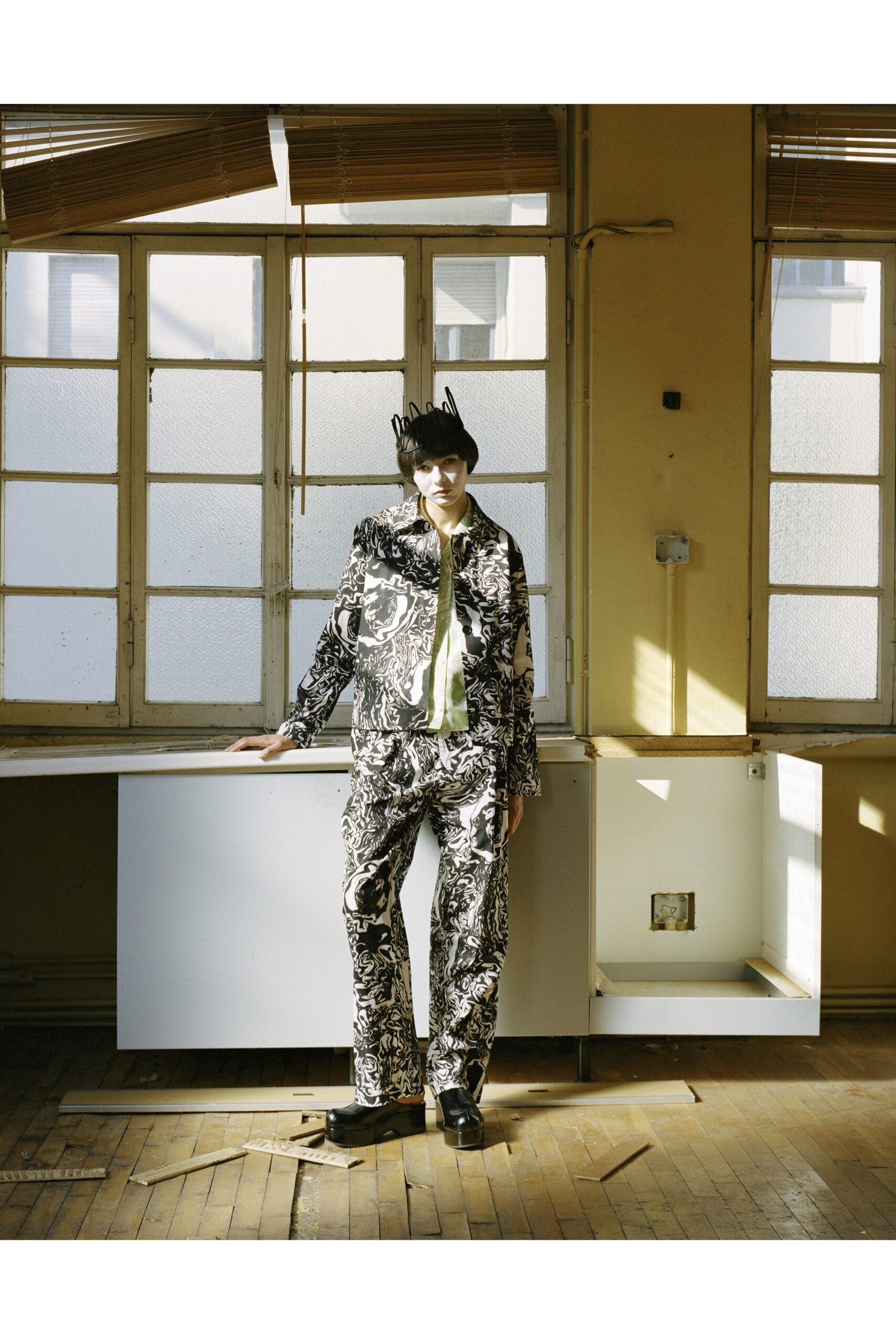 black and white printed suit