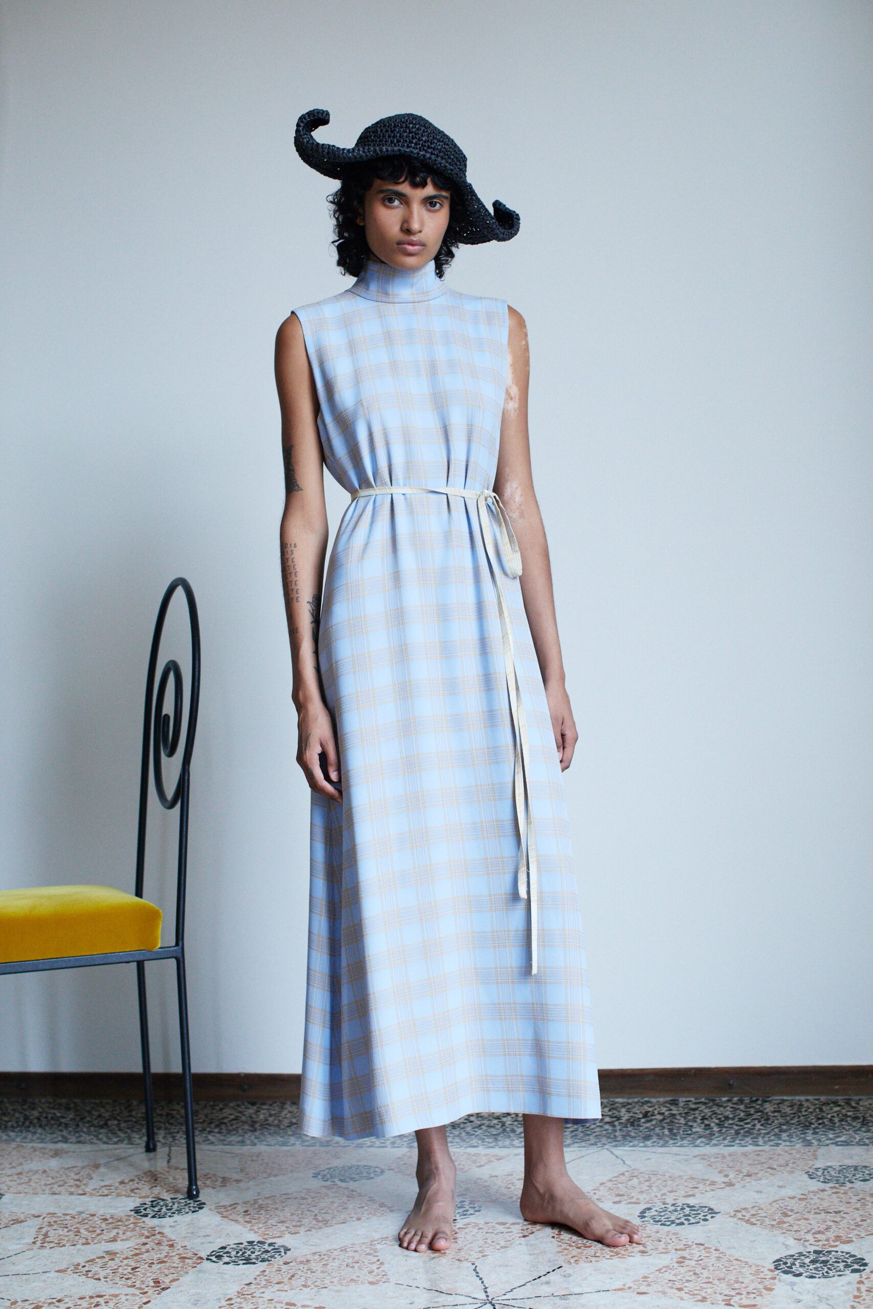 blue cotton sleeveless high-neck fitted a-line belted dress