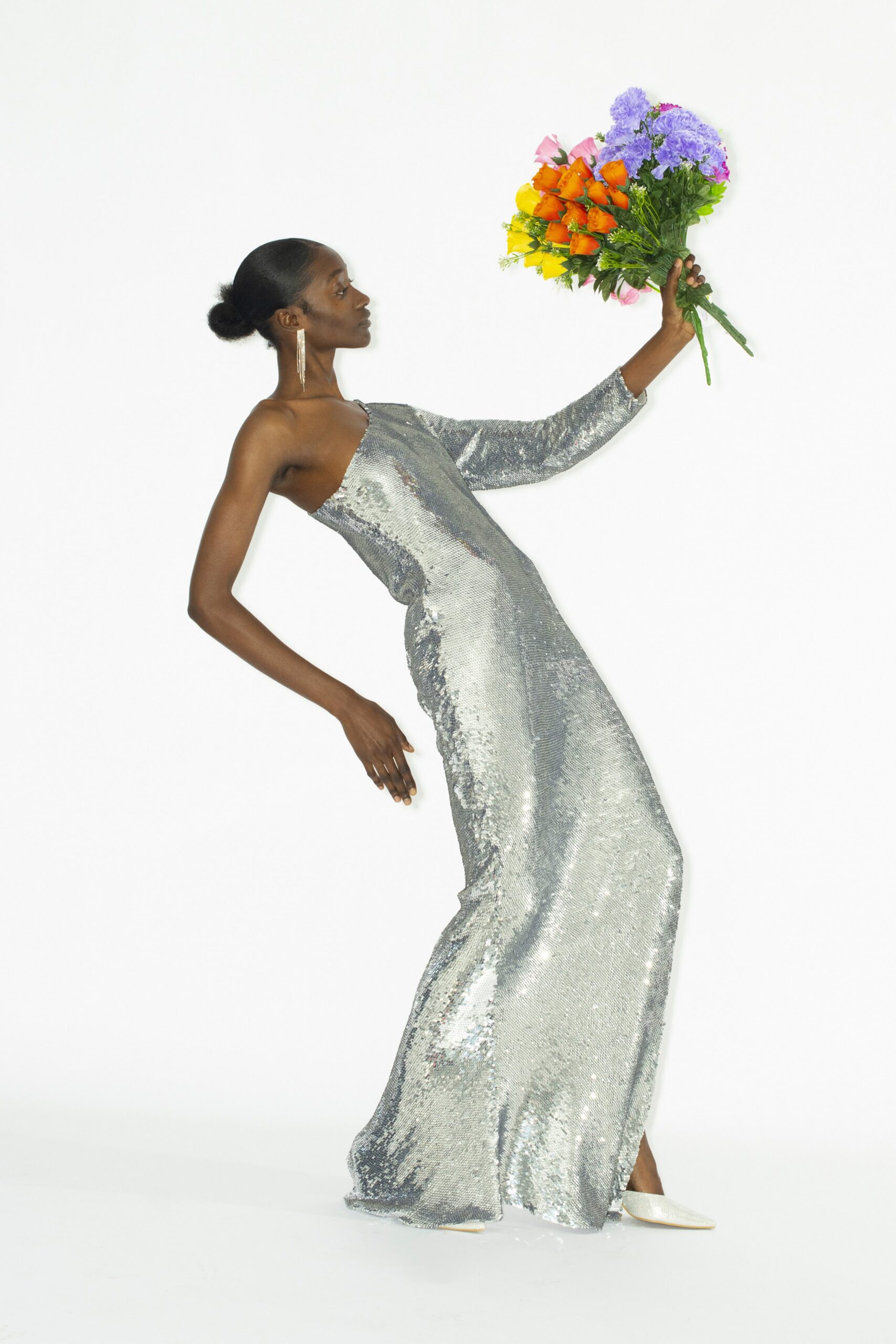 silver sequin off-shoulder gown