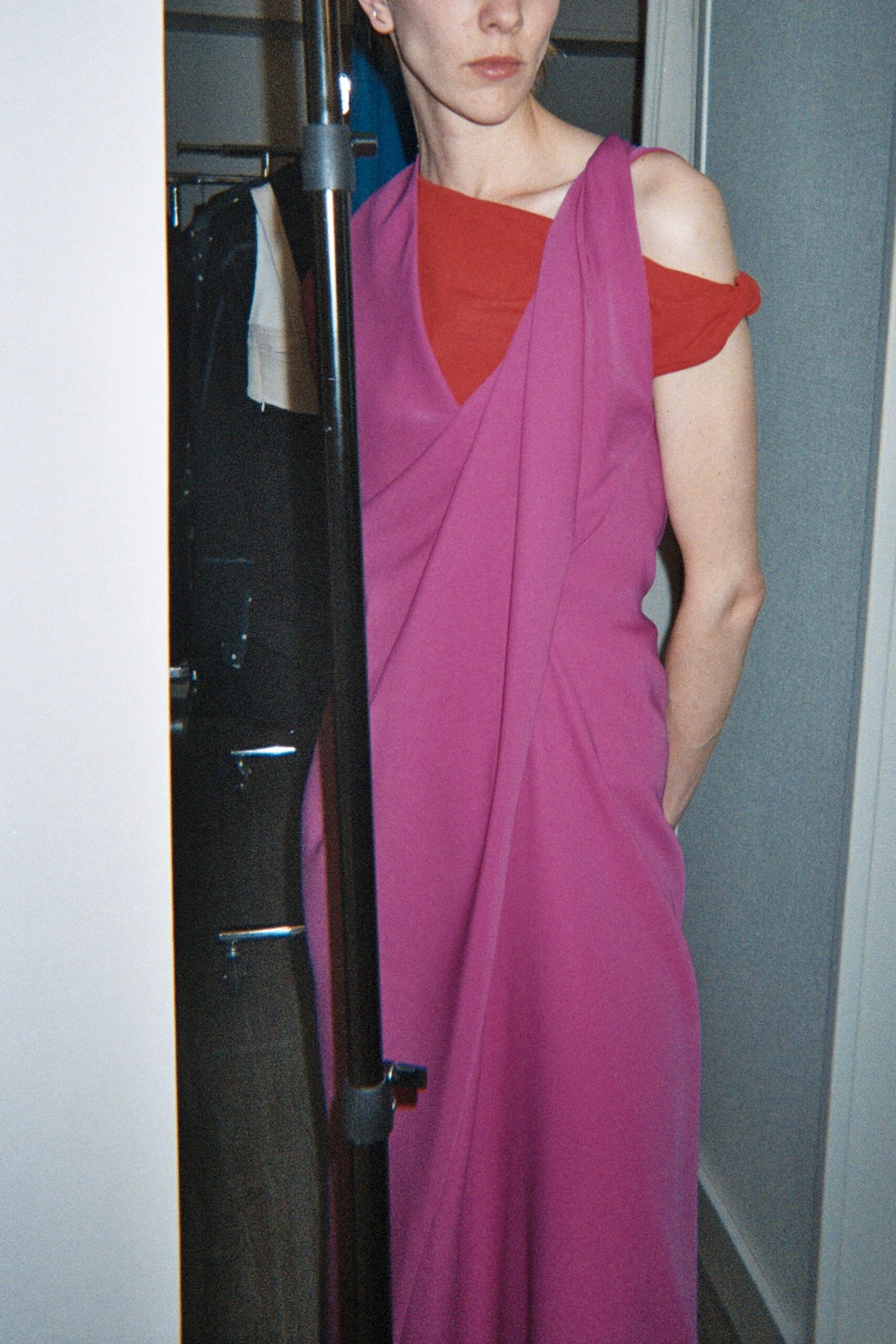 pink sleeveless off-shoulder fitted draped dress