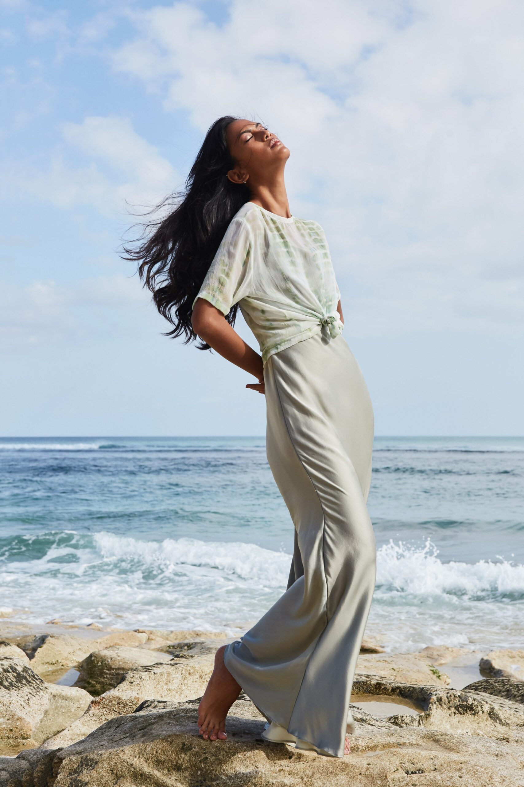 green and gray silk maxi dress