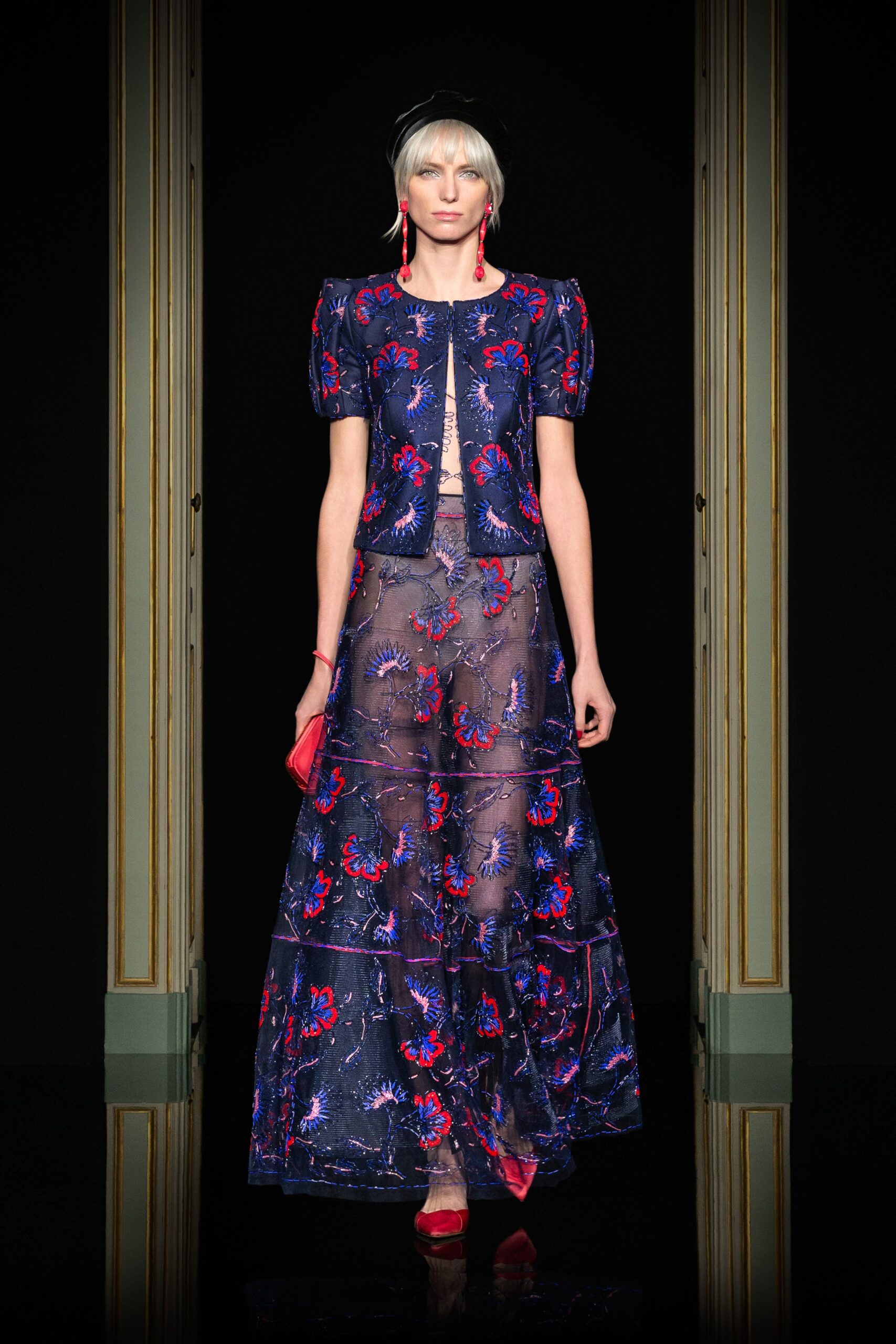 blue embroidered maxi dress and jacket