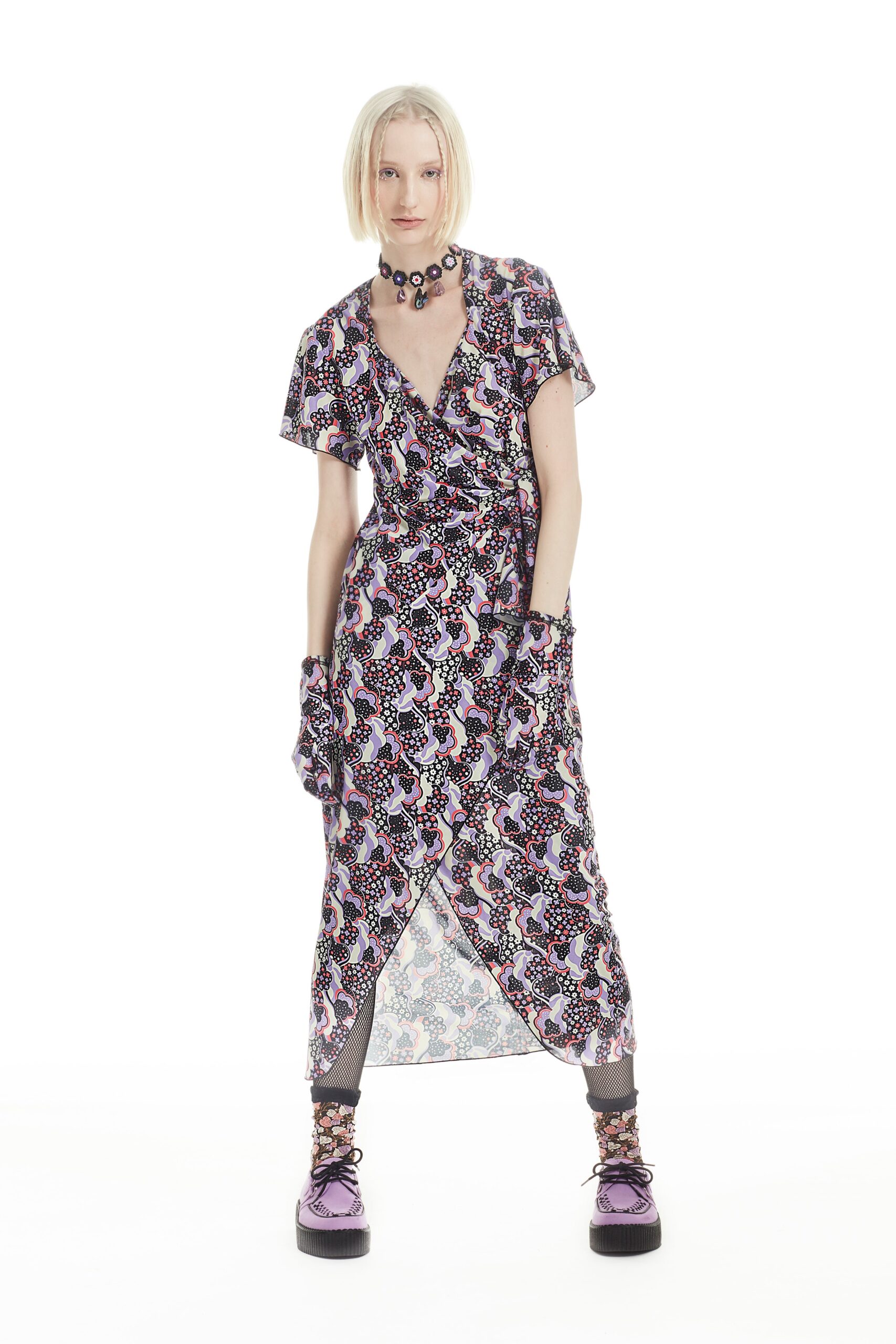 purple printed midi dress