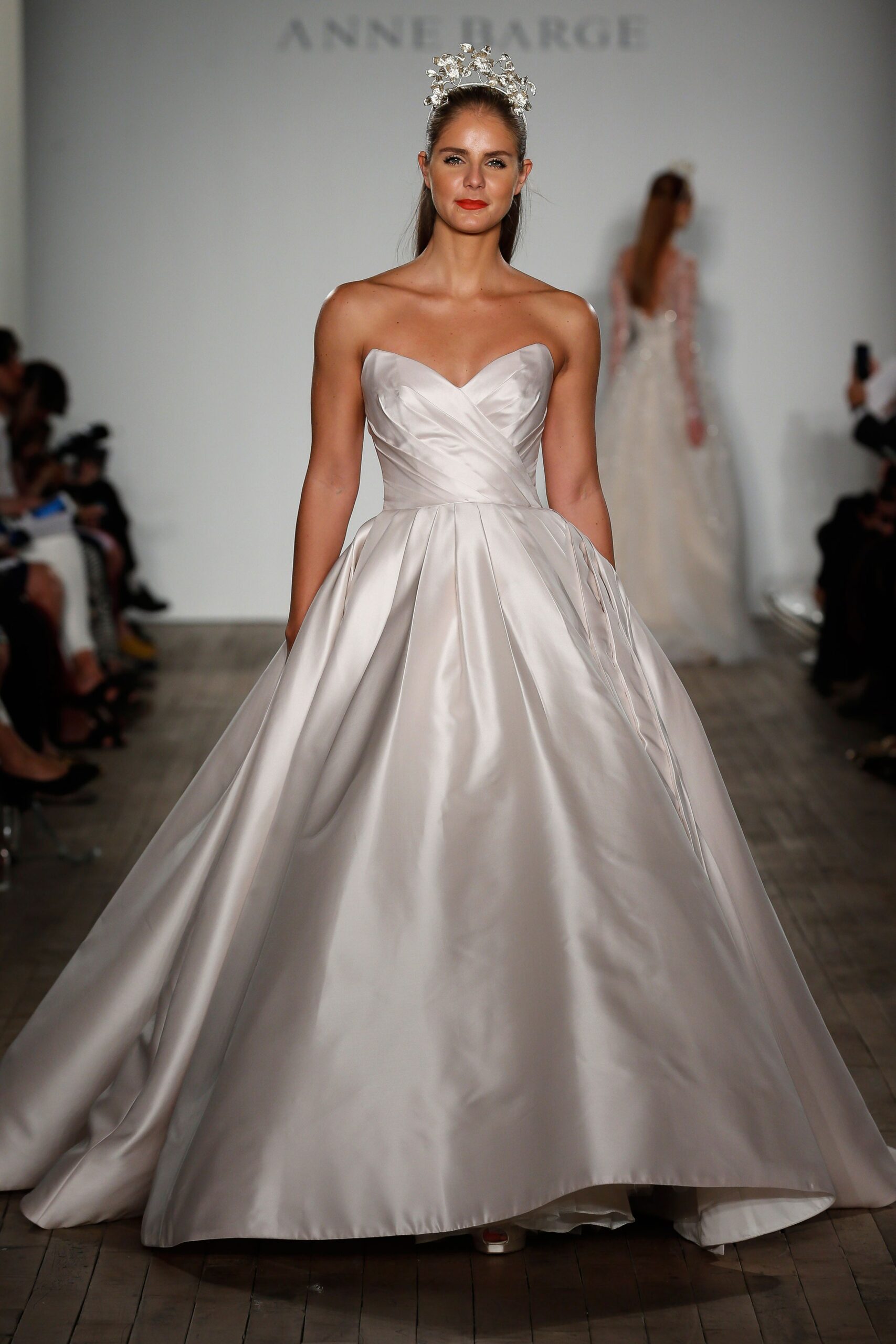 silver satin strapless gown