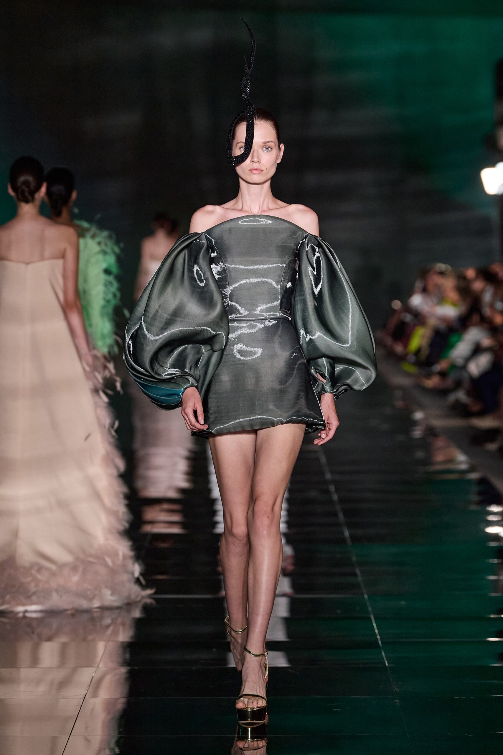 green silk off-shoulder mini dress