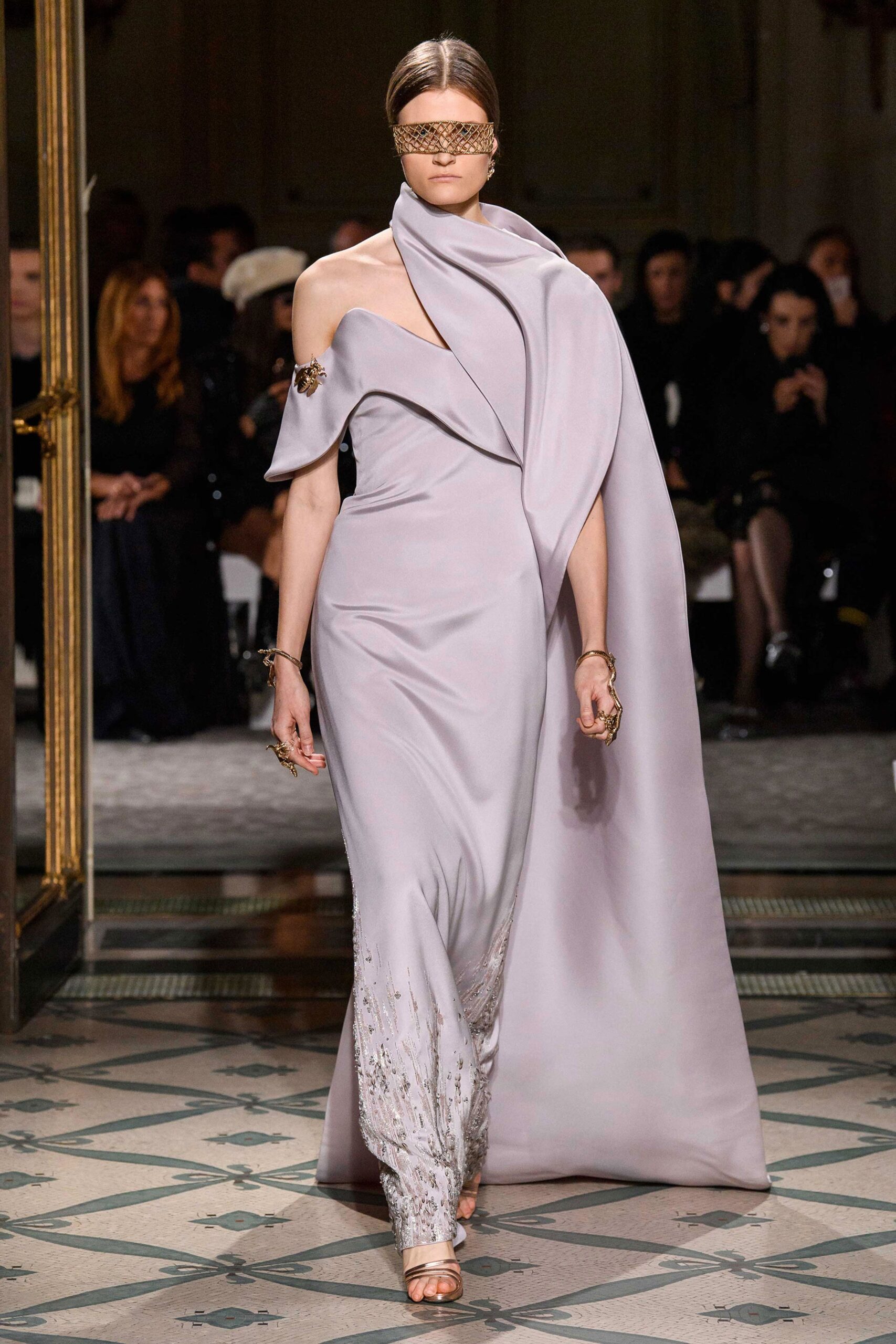 lavender silk off-shoulder fitted draped flowing maxi gown