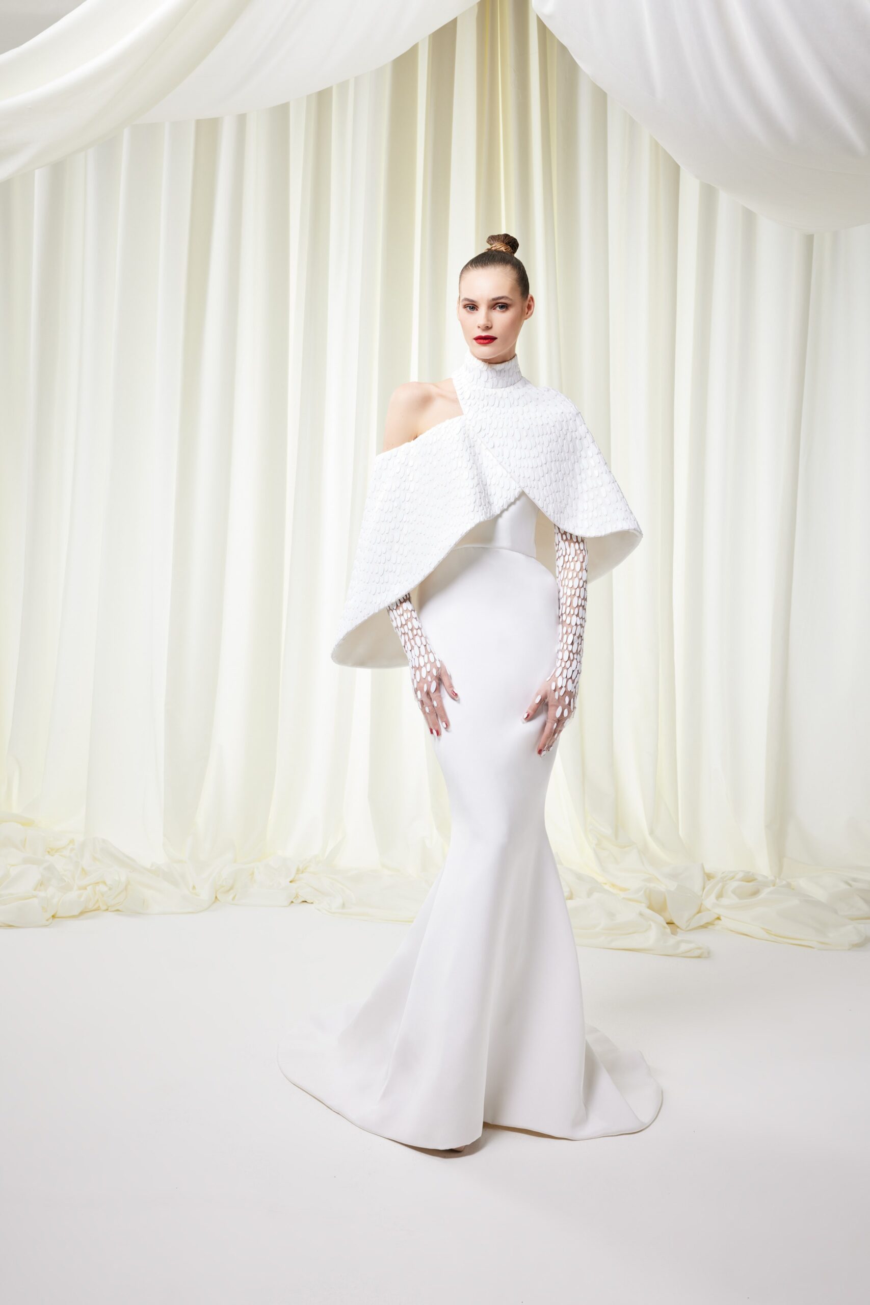 white silk fitted embellished gloves