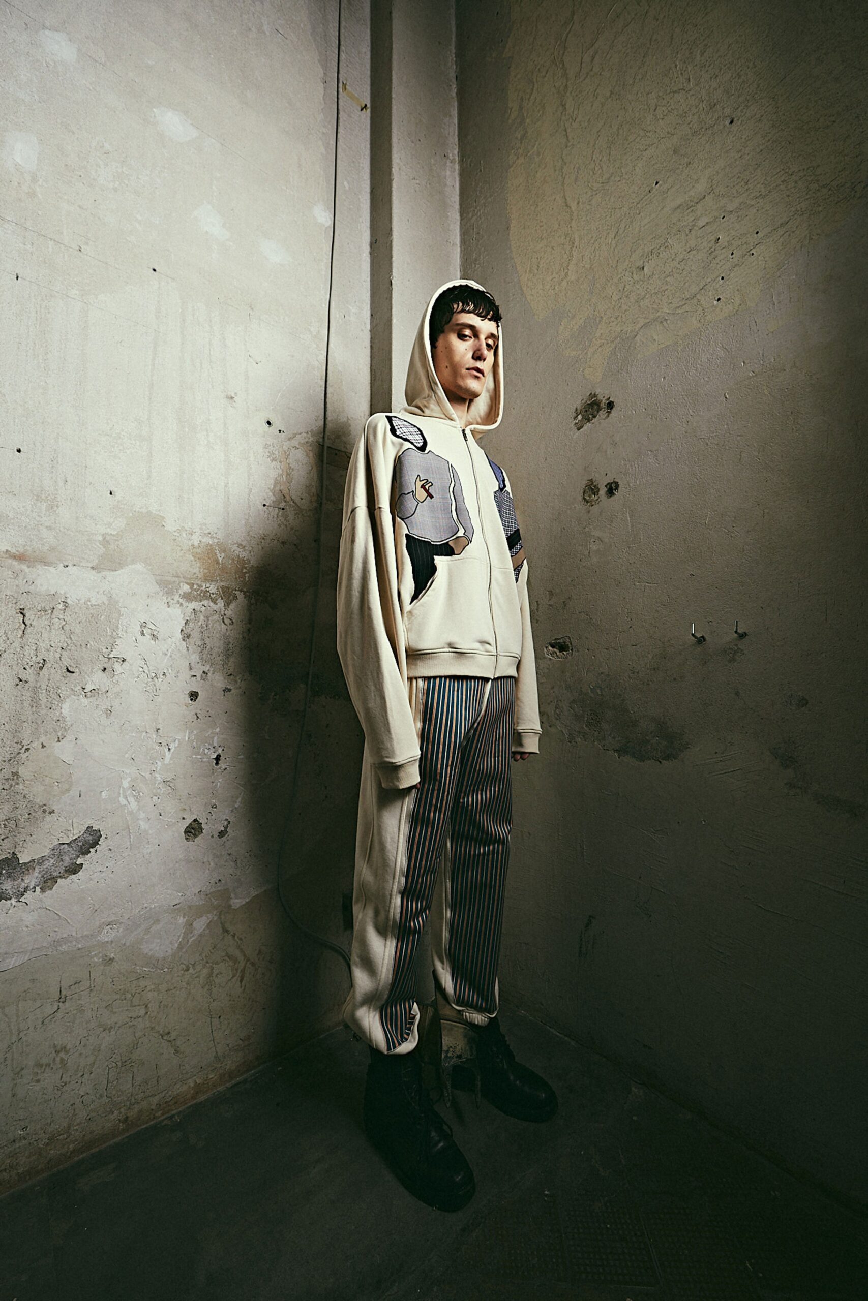 beige hoodie and striped pants