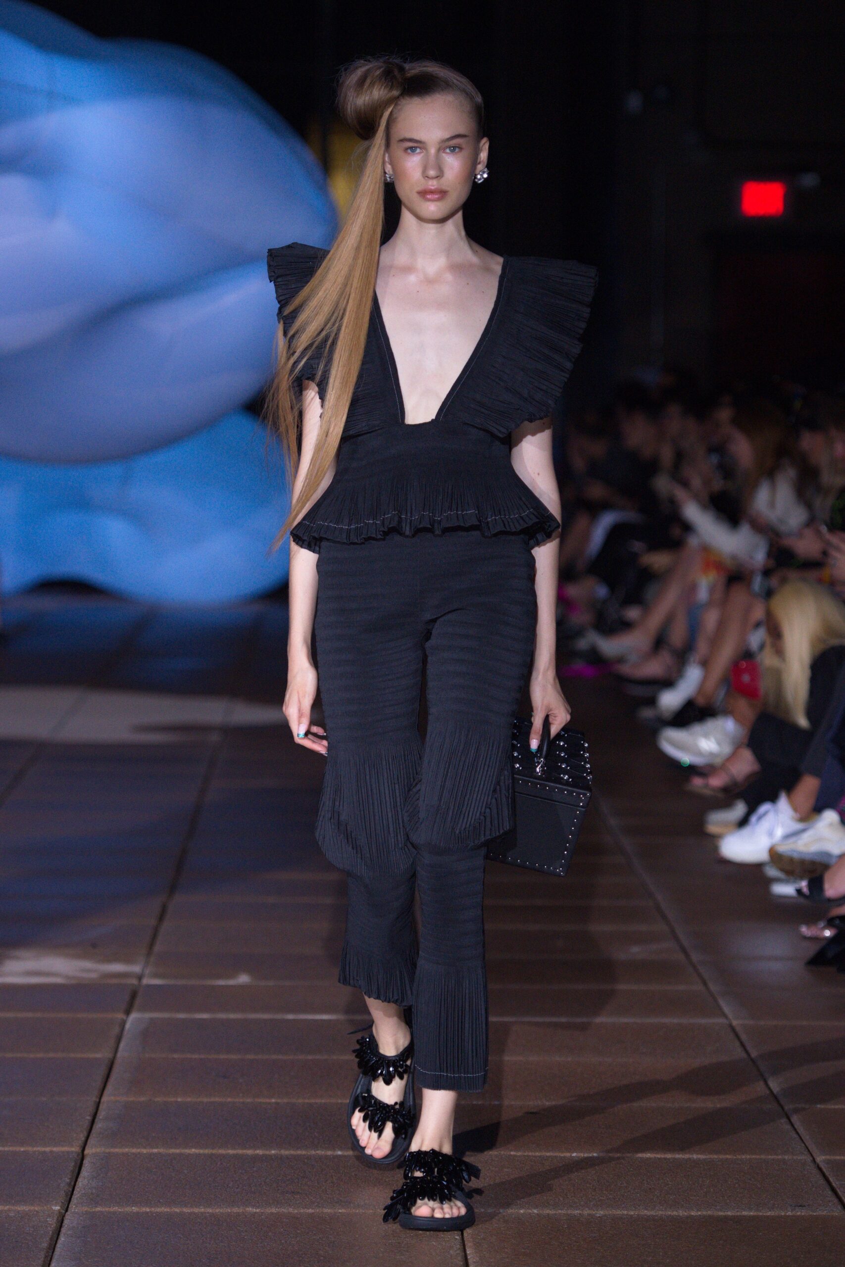 black pleated top and pants