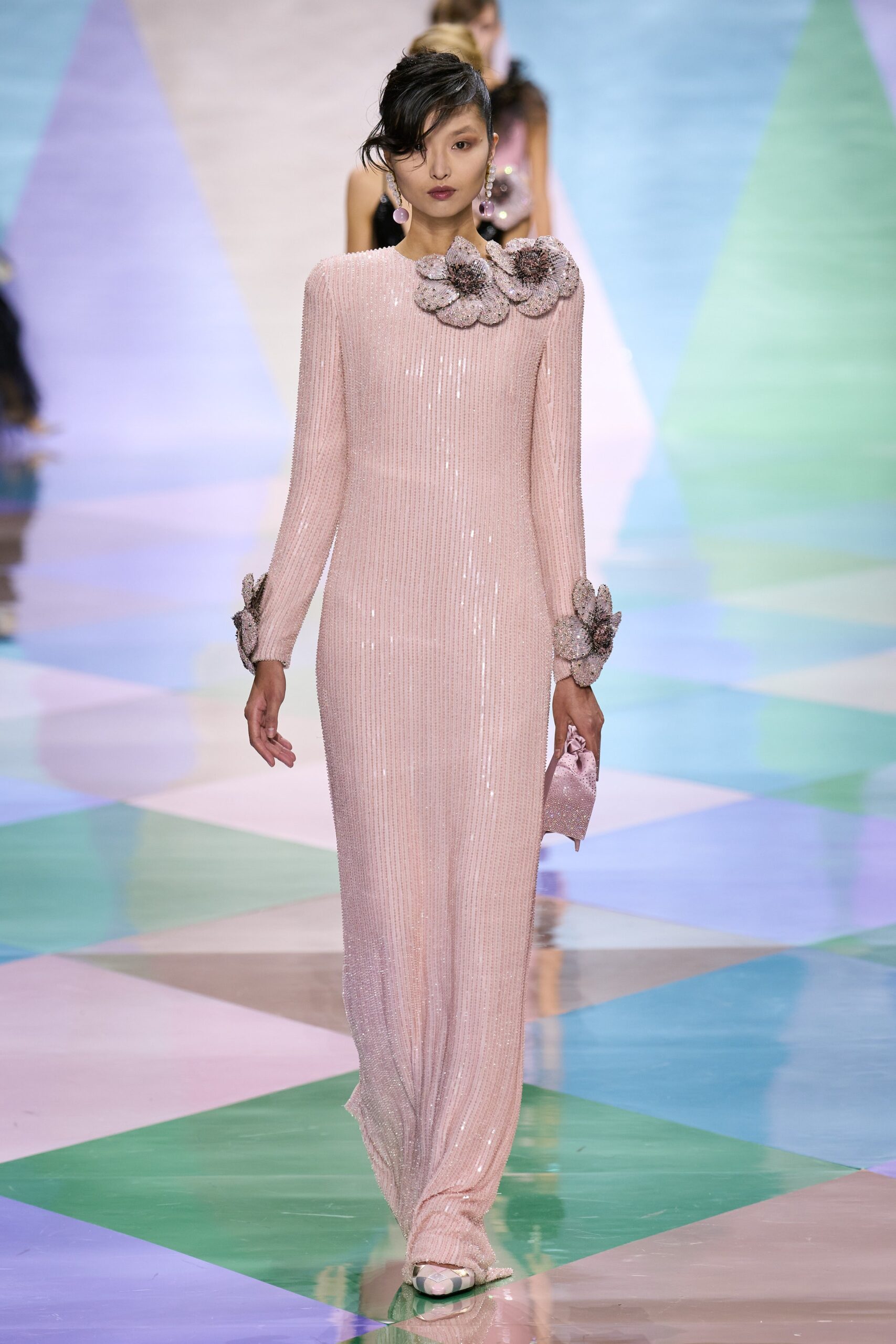 fitted pink sequin gown