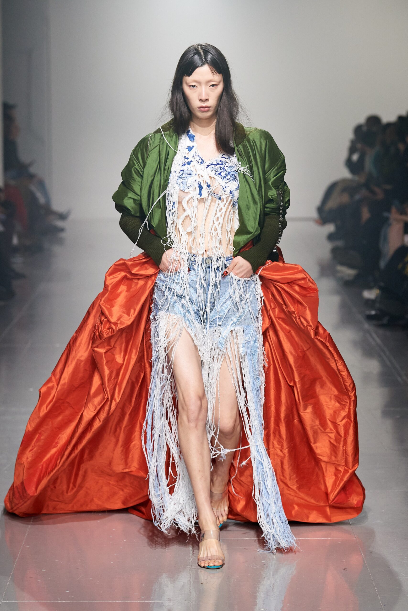 green satin jacket with red skirt