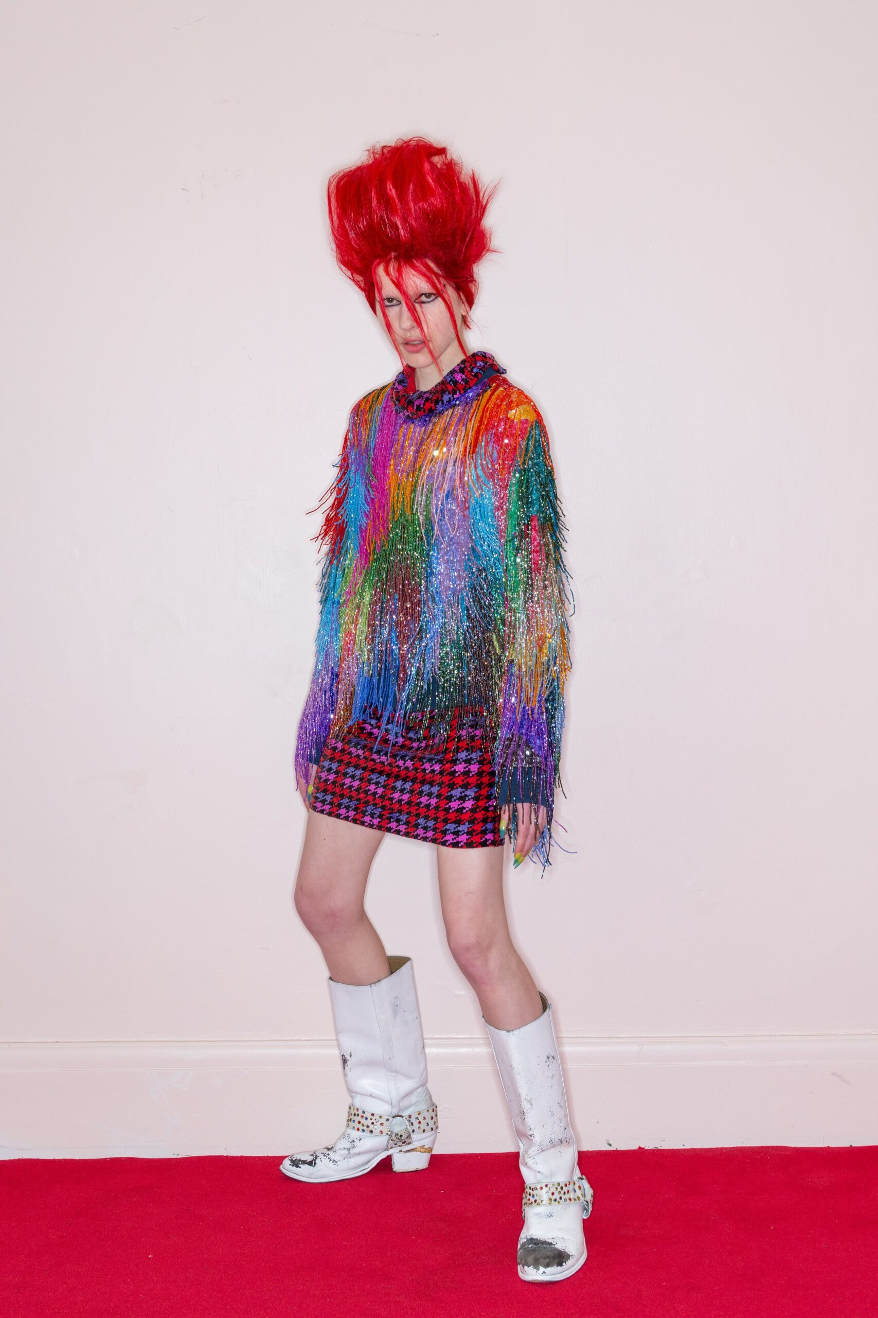 multi knit long-sleeve high-neck fitted fringed short sweater