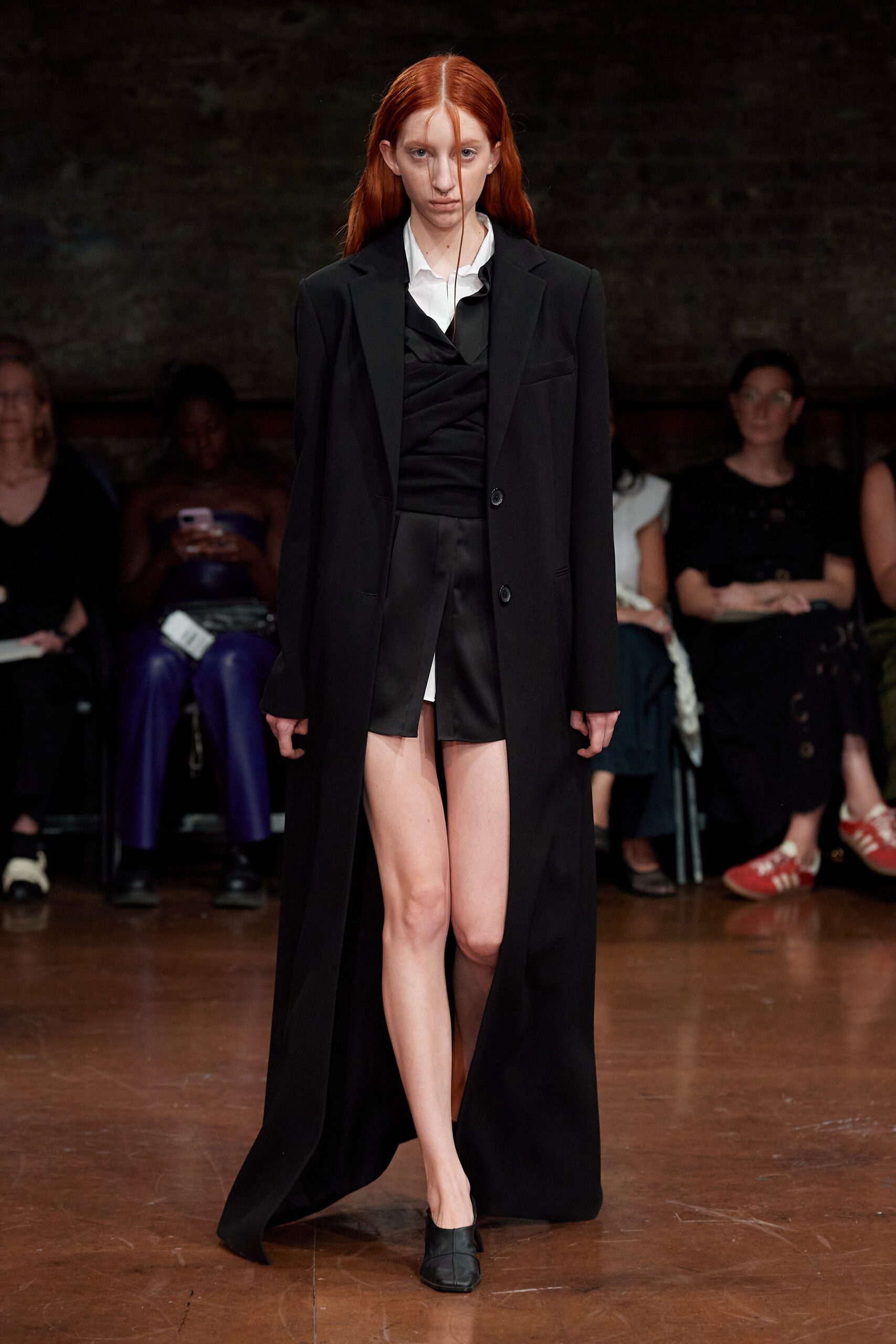 black wool long-sleeve collared fitted buttoned maxi coat