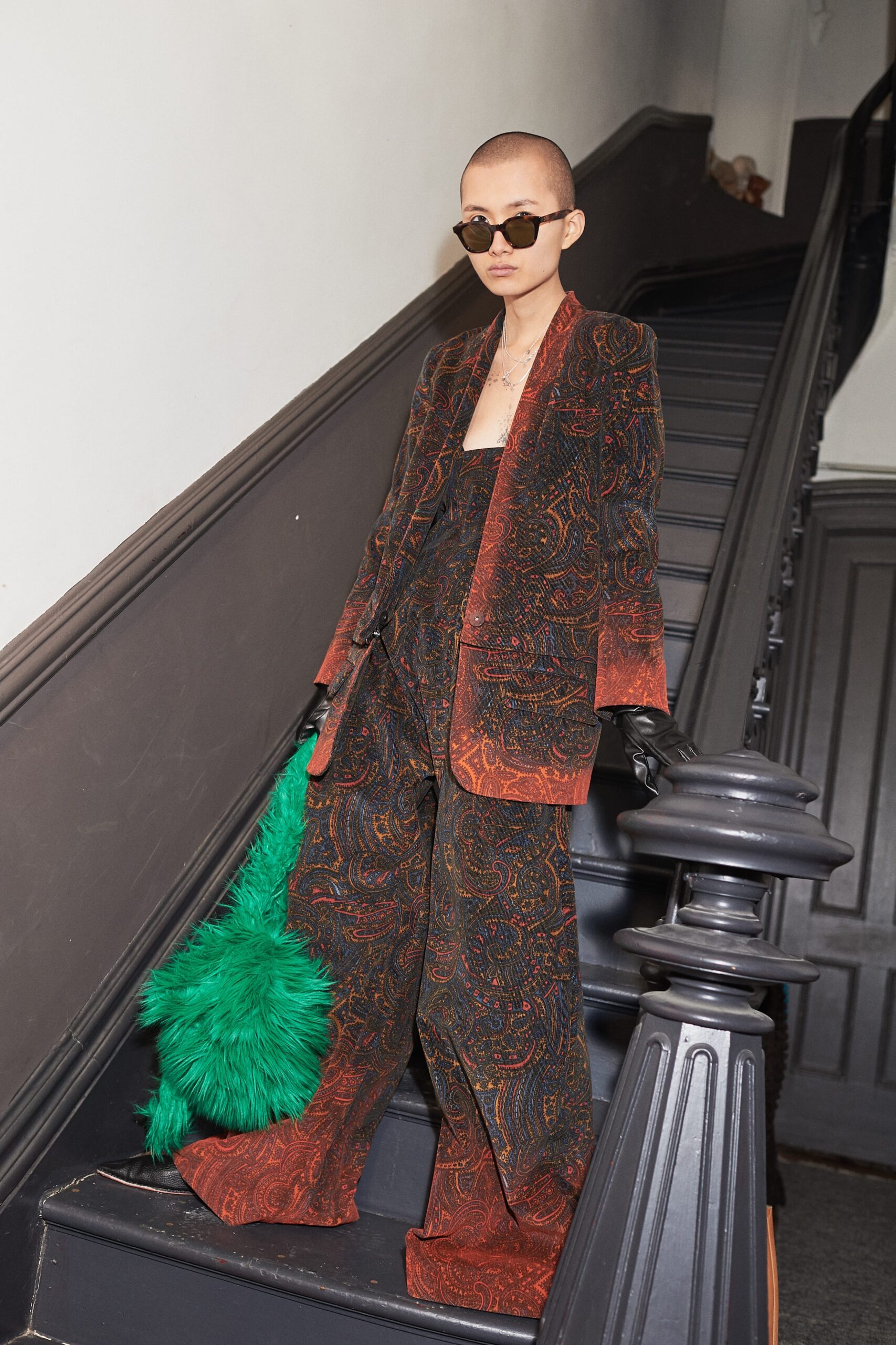 brown printed silk suit