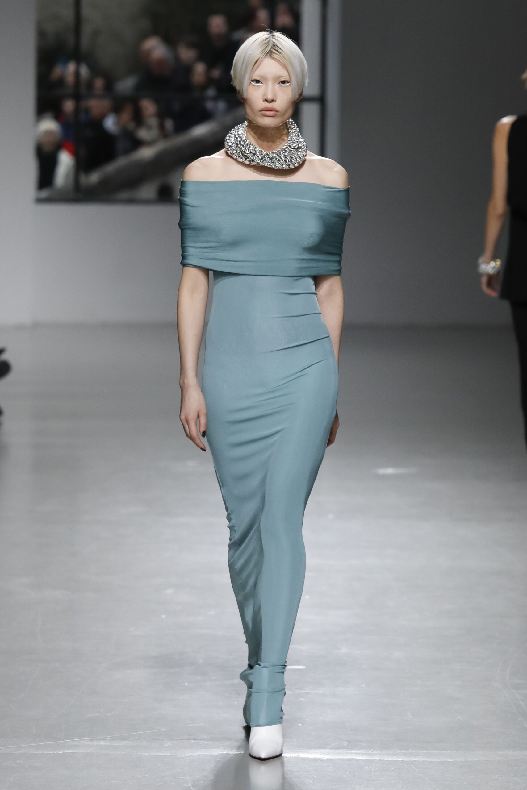 blue silk off-shoulder gown