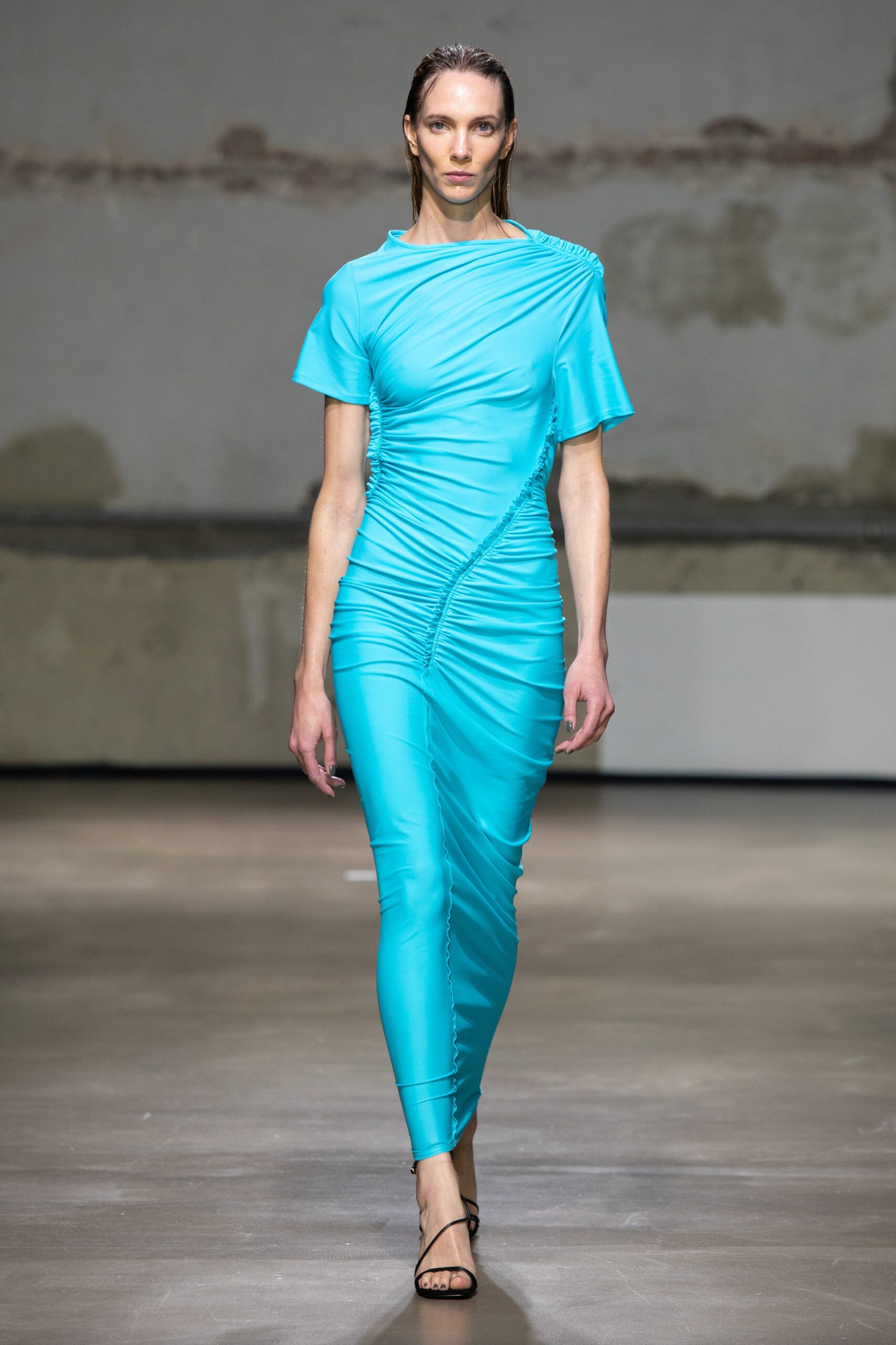 blue fitted ruched dress