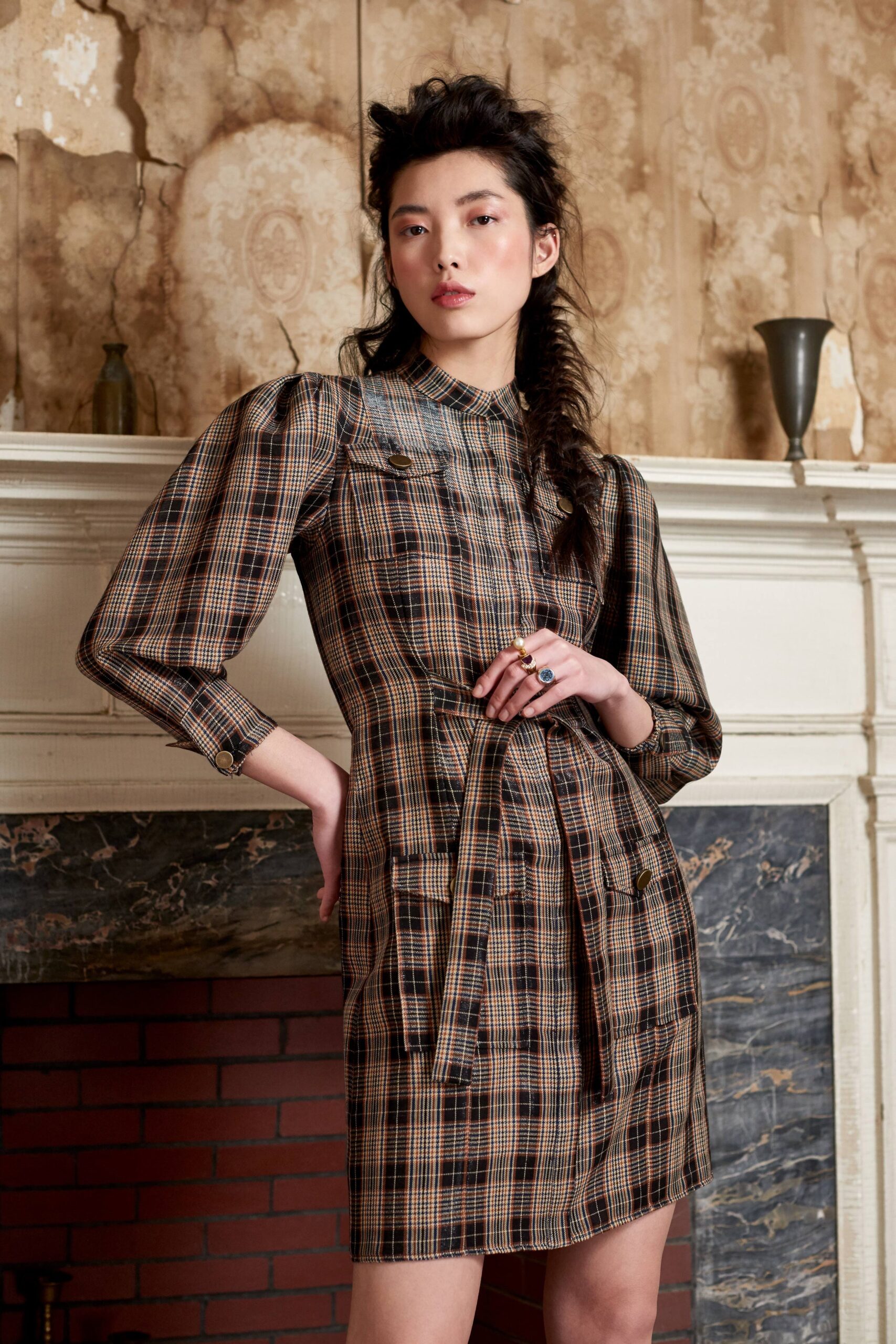 brown plaid fitted mini dress
