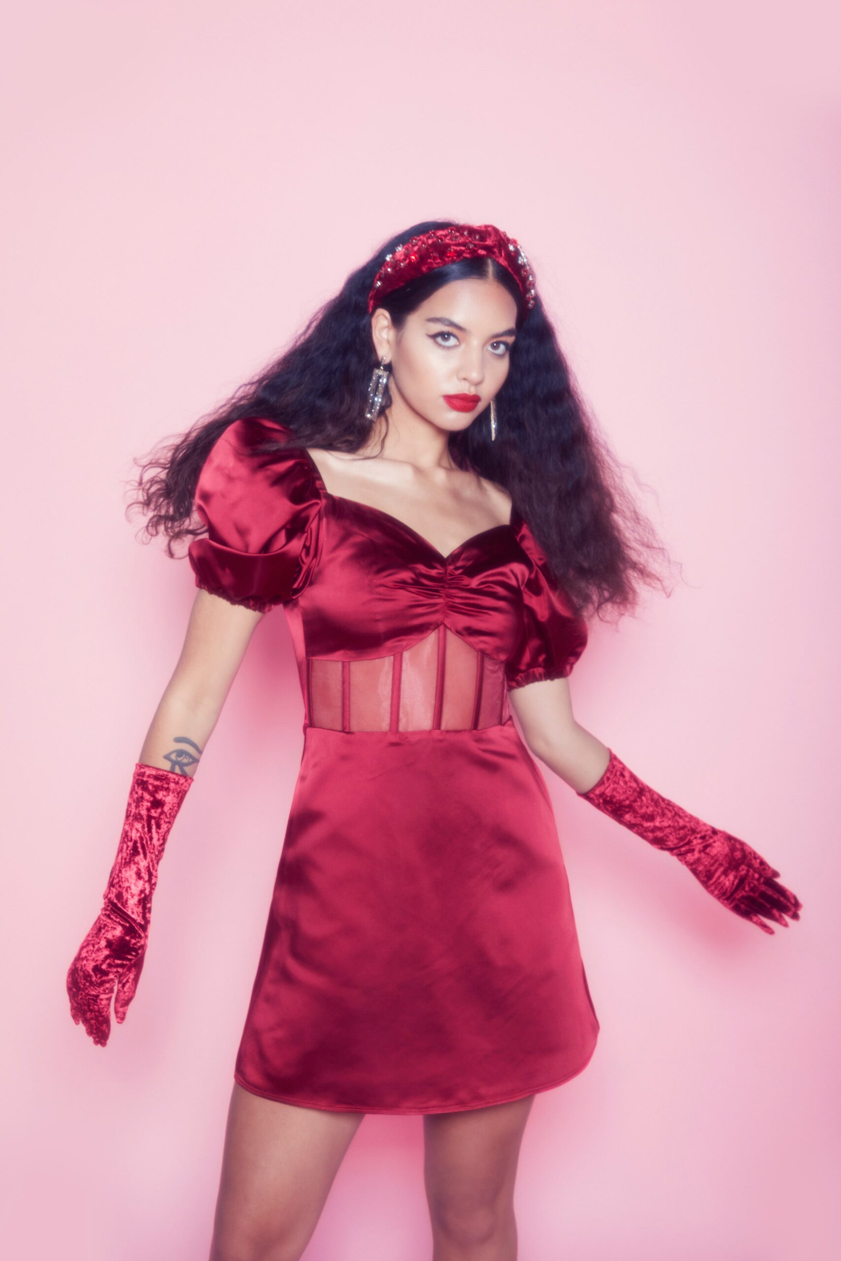 red silk off-shoulder dress