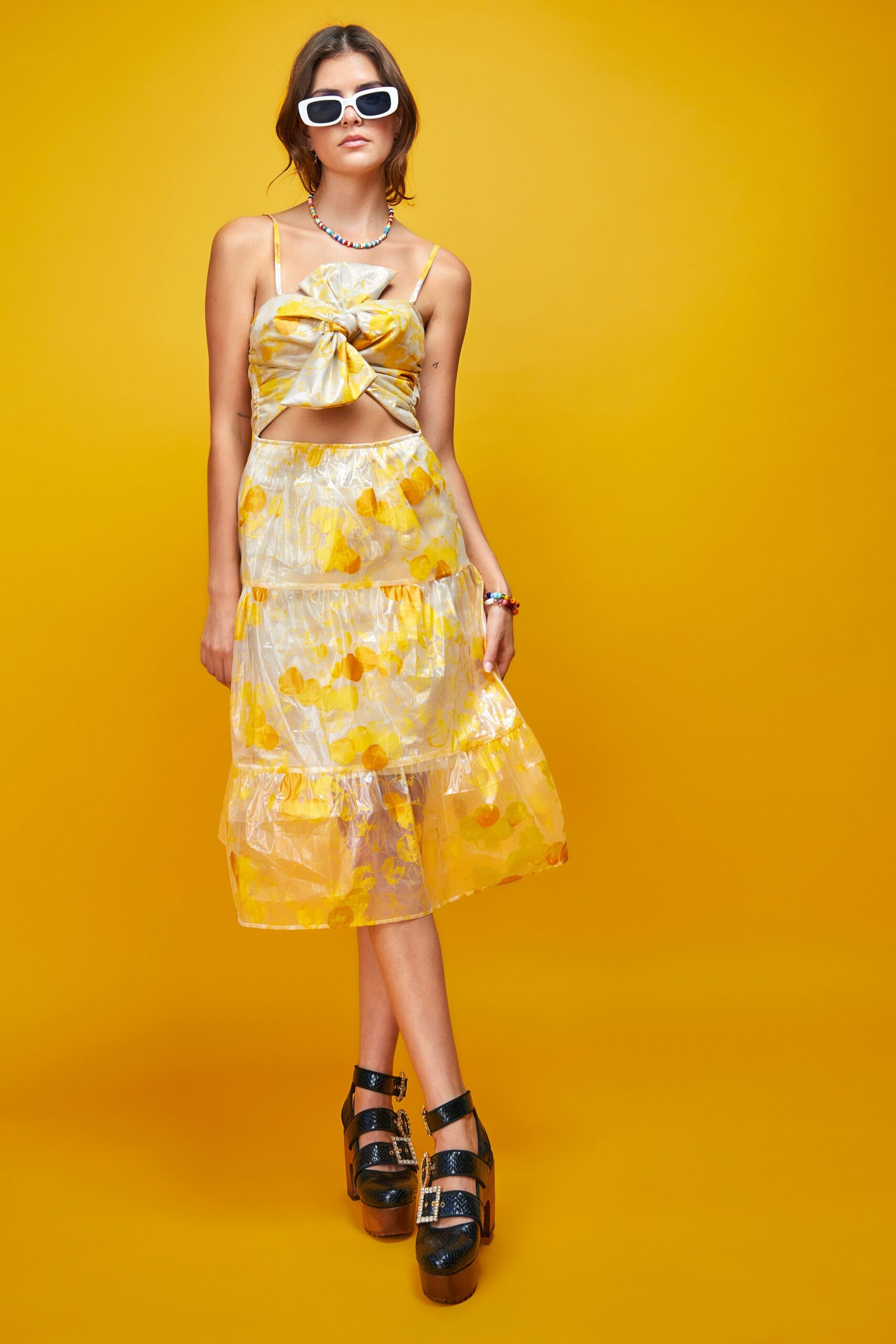 yellow silk top and midi skirt