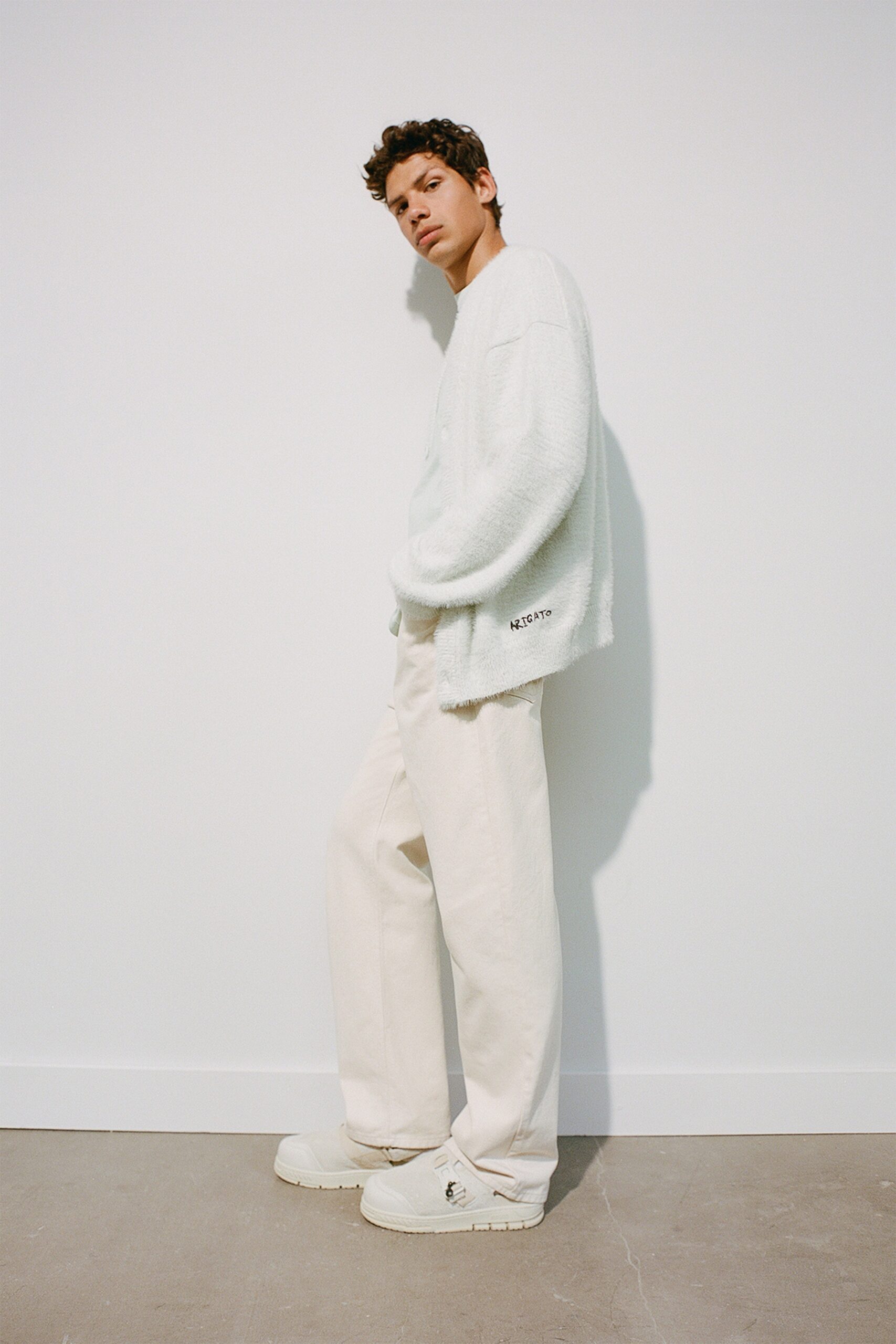 white wool long-sleeve relaxed textured sweater