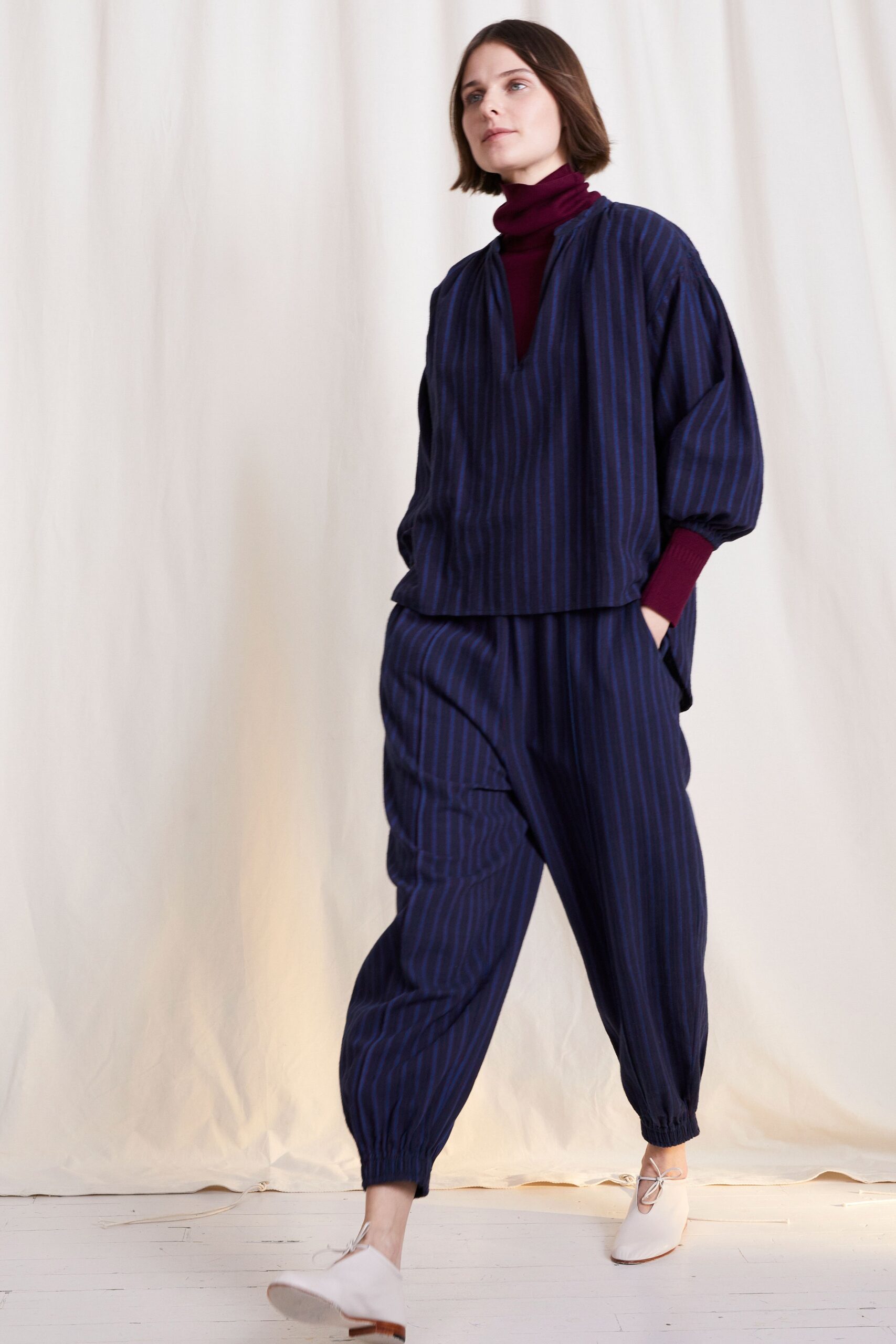 navy striped oversized top and relaxed pants