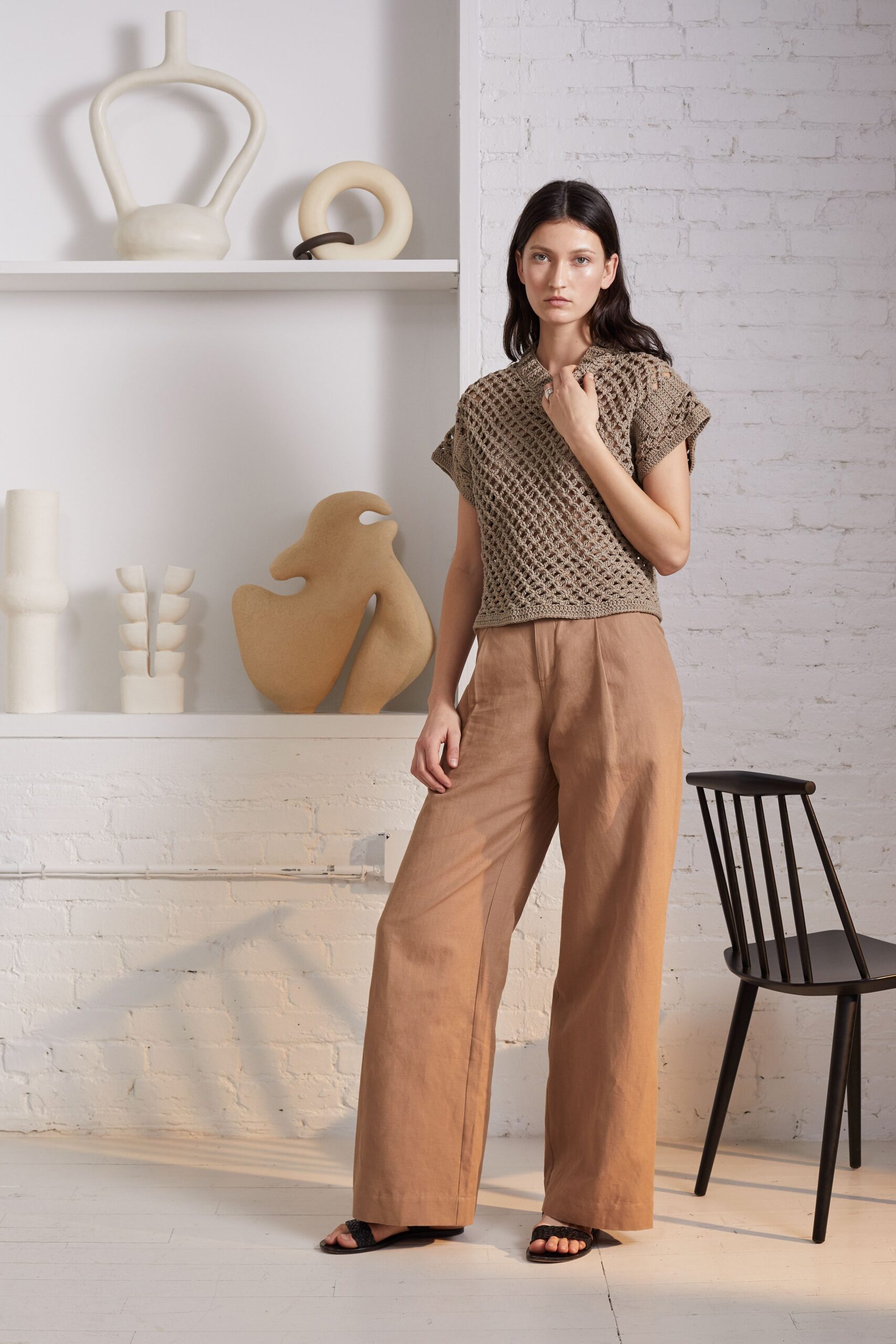 brown crochet top with beige wide-leg pants
