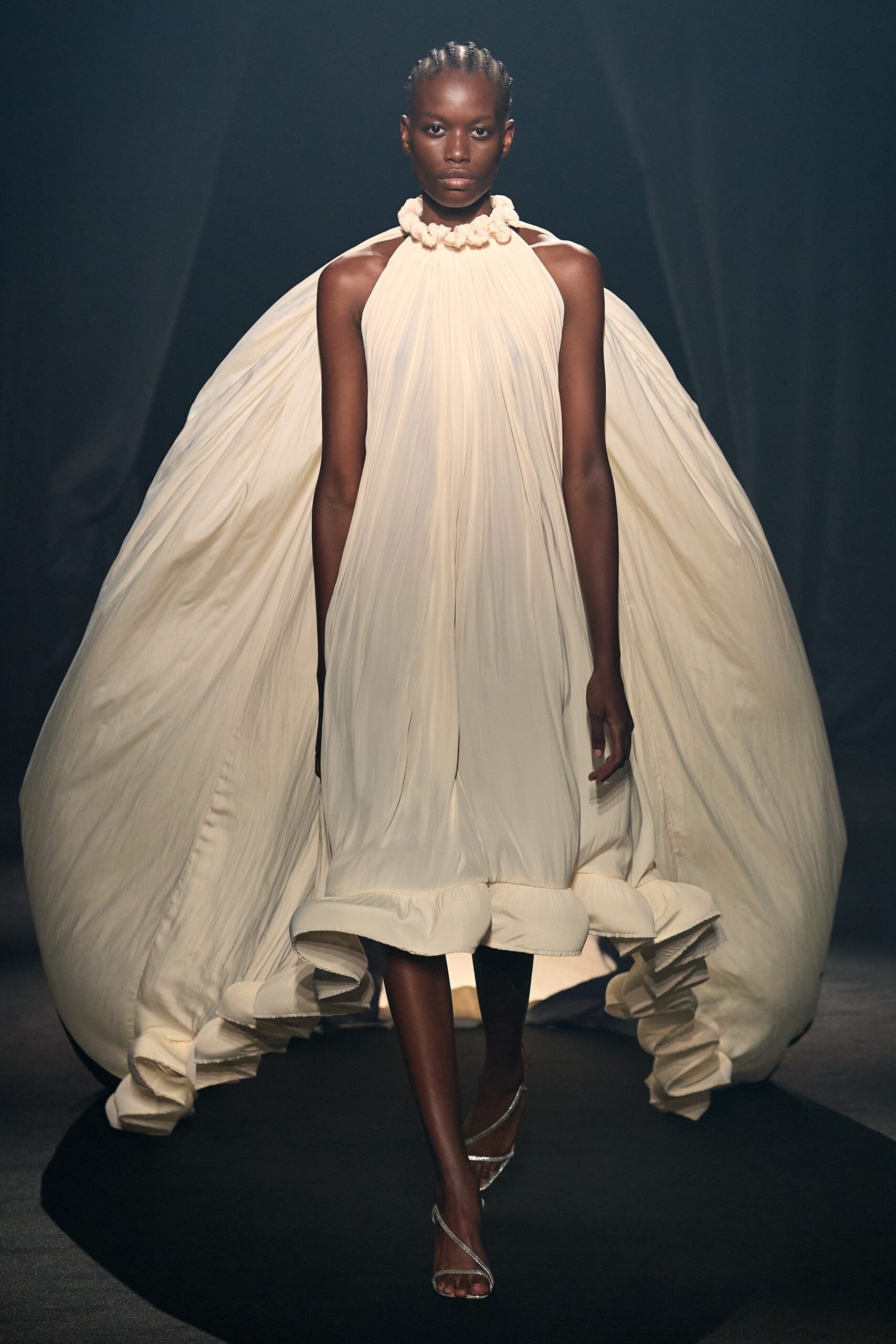 white silk draped dress