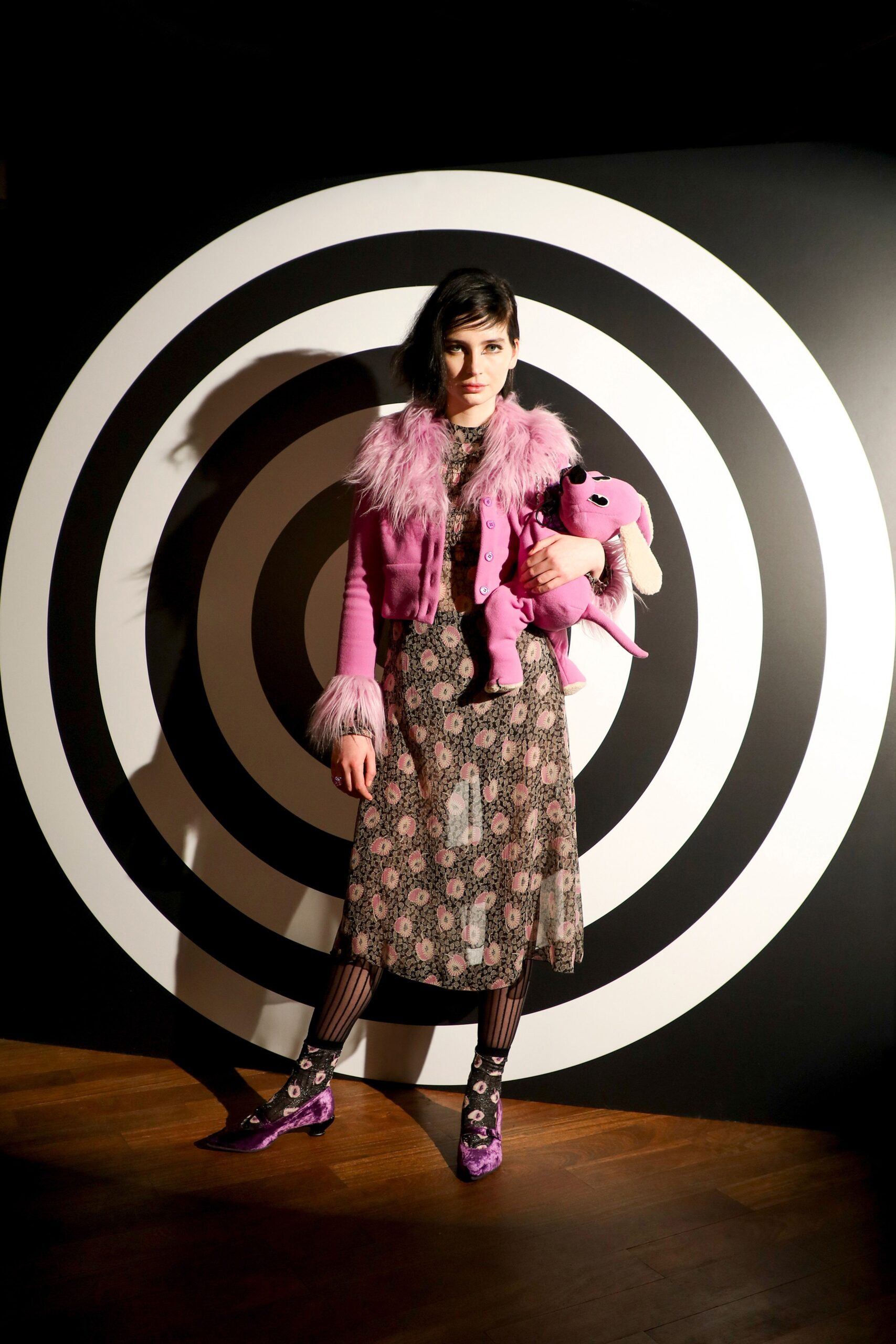 floral midi dress with pink fur jacket
