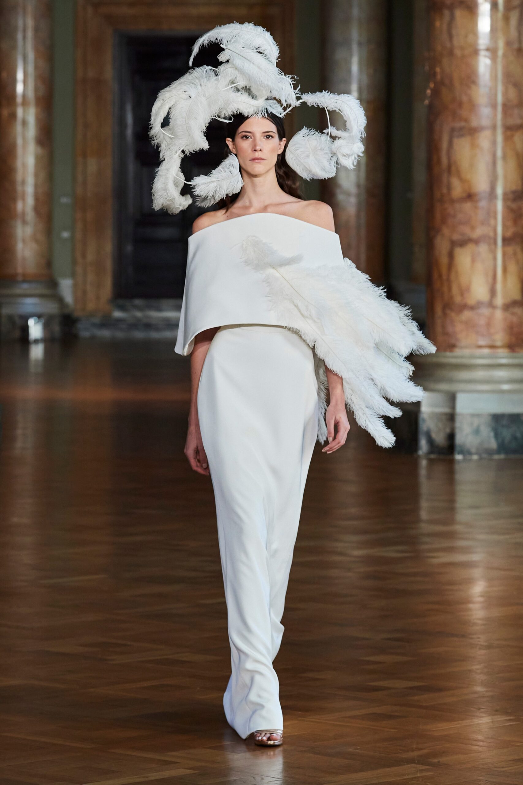 white silk off-shoulder fitted draped flowing maxi gown