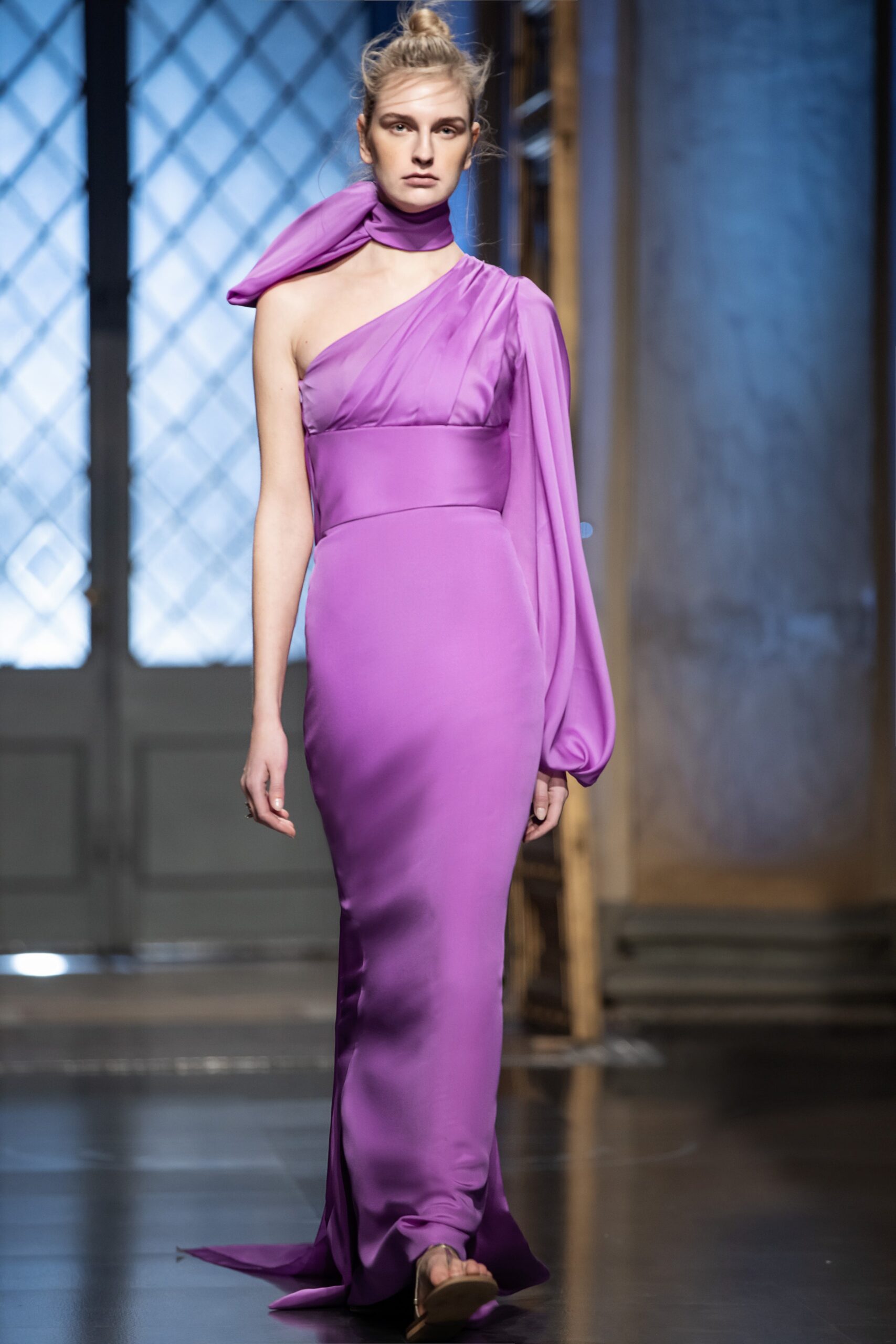 fitted purple silk gown