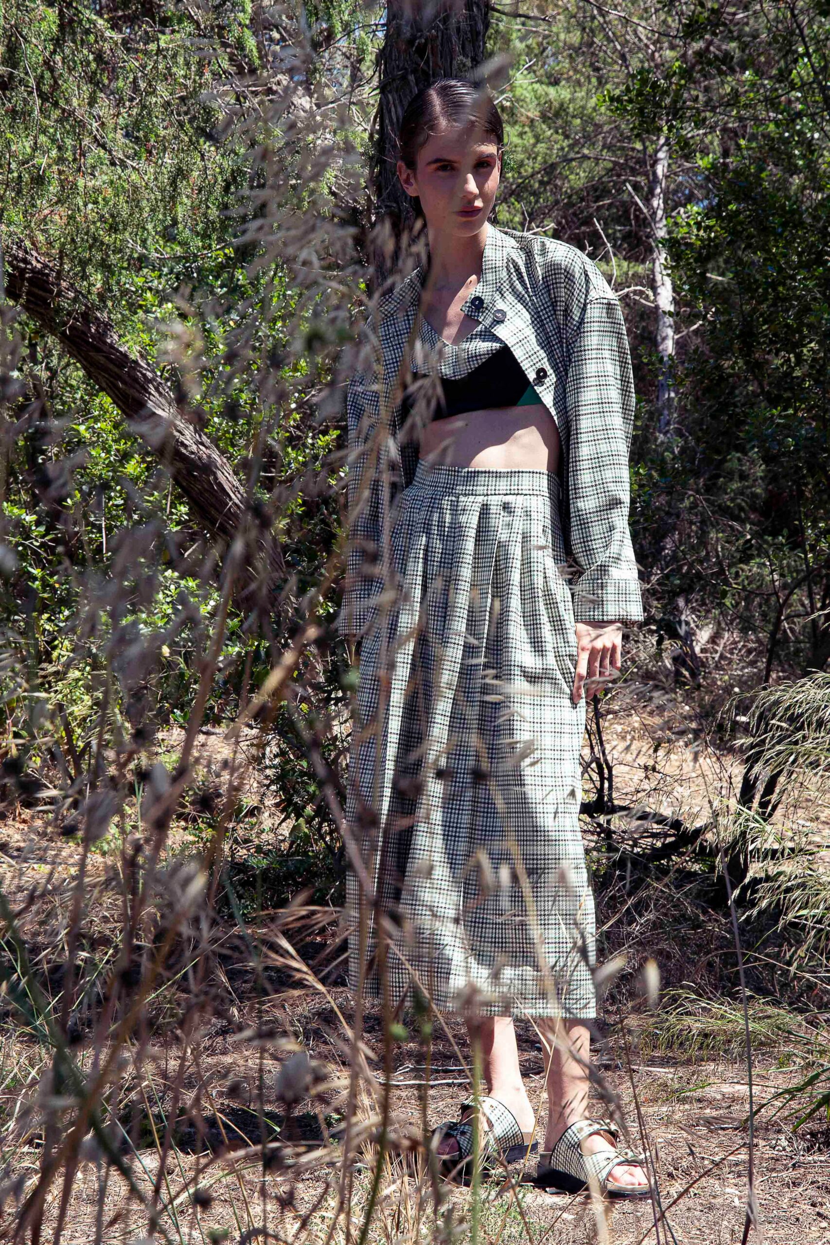 green and white checked jacket and midi skirt