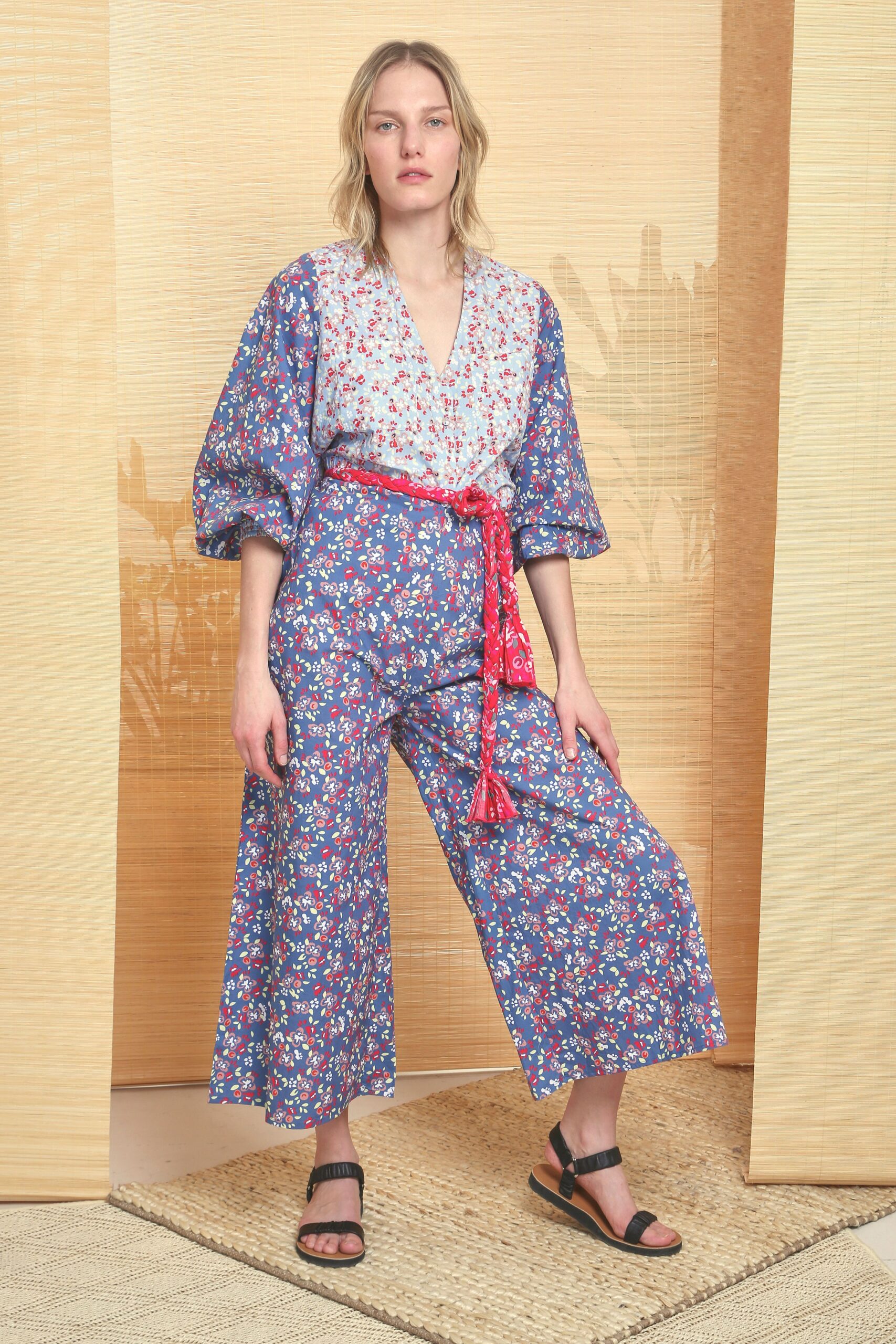 blue floral printed jumpsuit