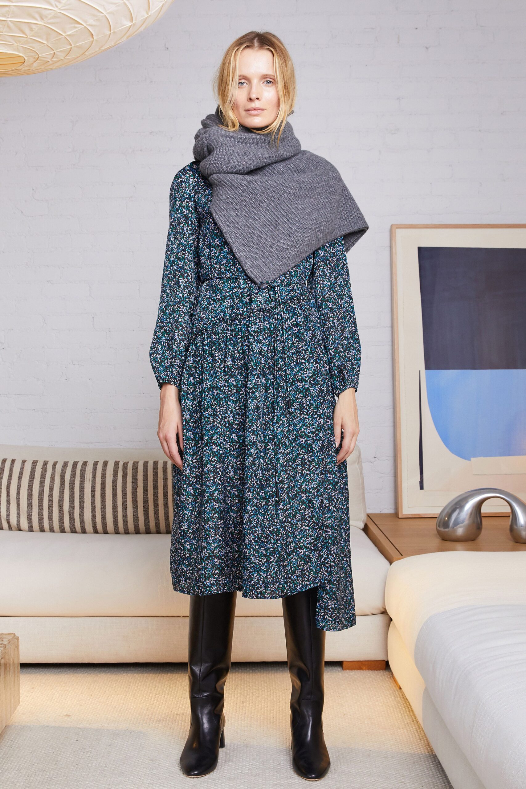 floral midi dress with gray scarf
