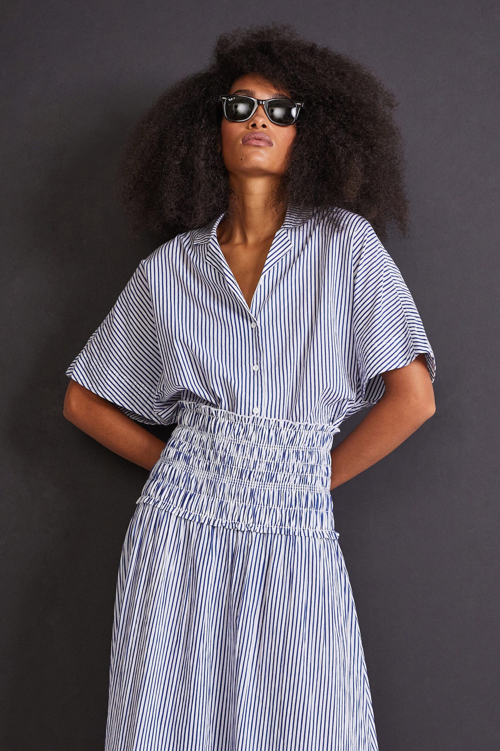 blue and white striped midi dress